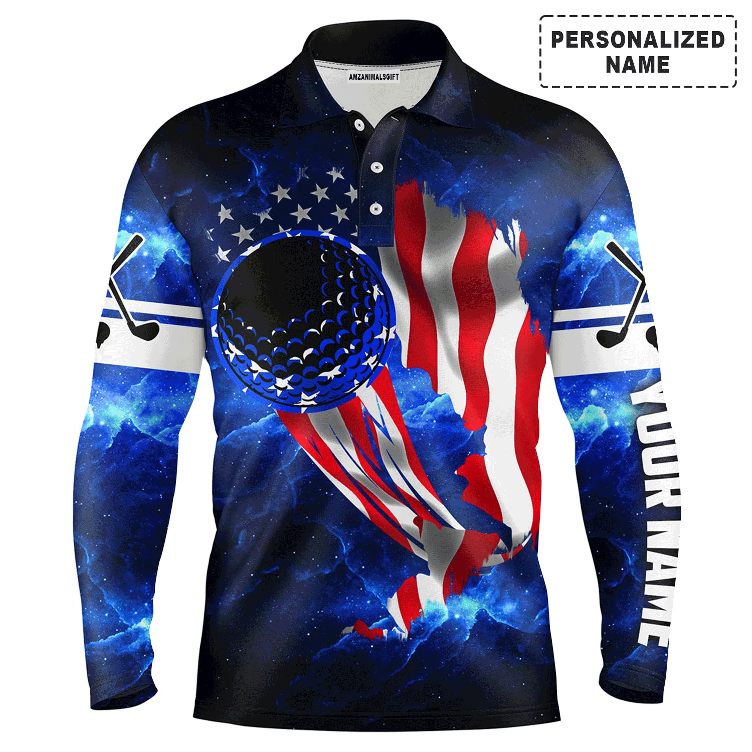 Custom Golf Long Sleeve Men Polo Shirt - Golf Ball Blue Galaxy Universe American Flag Custom Name Apparel Gift For Men, Golf Lover - Image 2