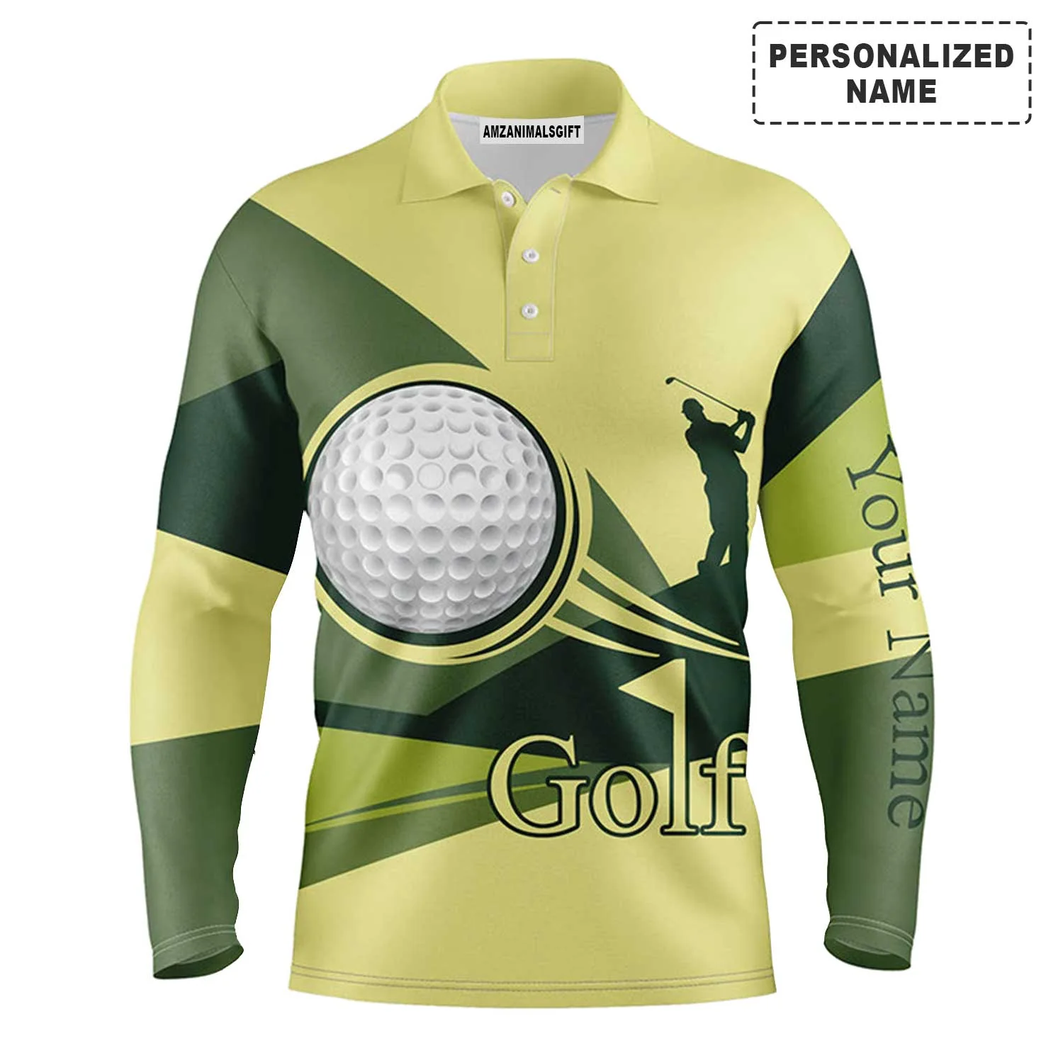 Custom Golf Long Sleeve Men Polo Shirt - Golf Balls Pattern Custom Name Green Yellow Apparel - Personalized Gift For Golf Lover, Team, Golfer - Image 2