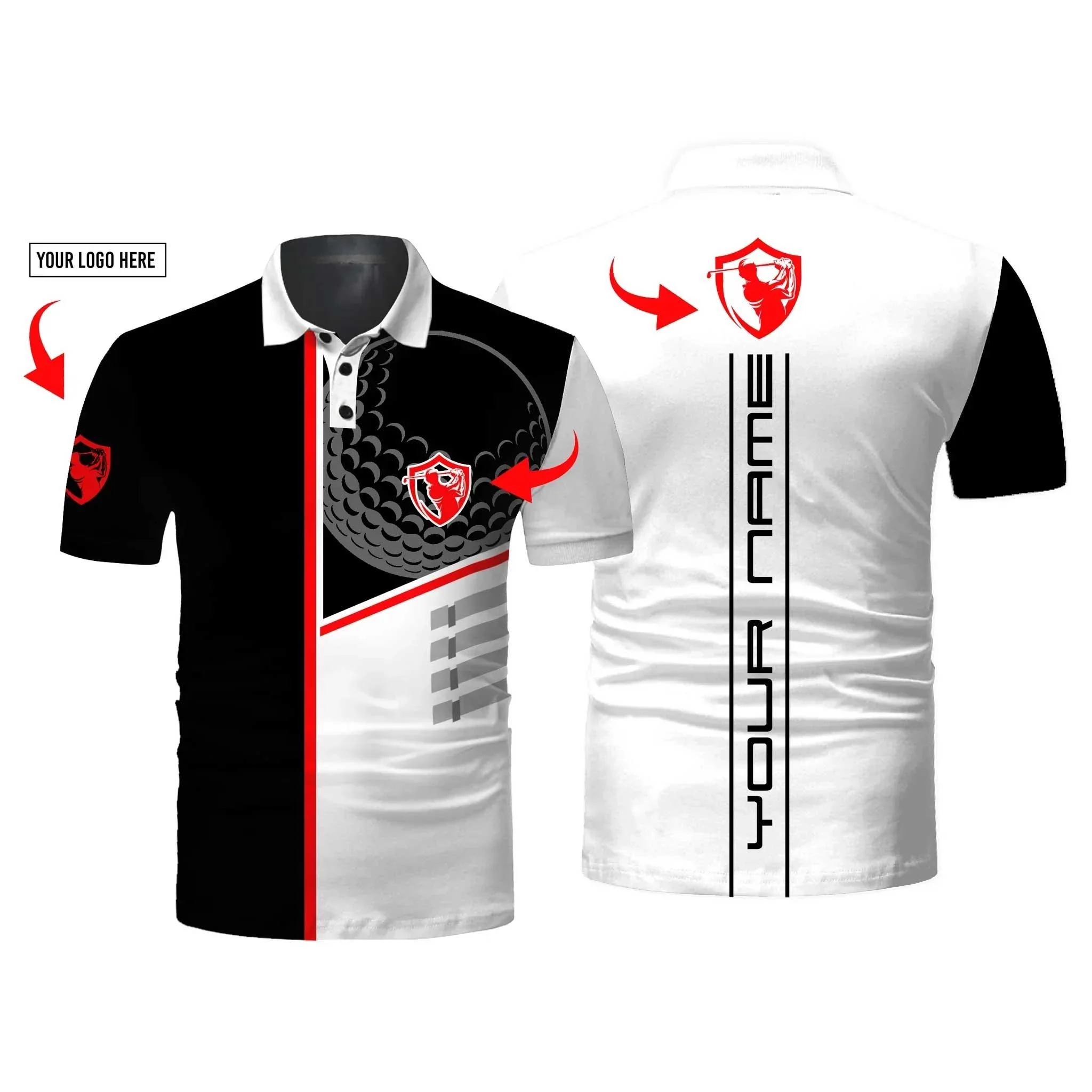 Custom Golf Long Sleeve Men Polo Shirt, Golf Club Custom Name And Logo Black & White All-Over Print -Perfect Gifts For Men, Golf Lover - Image 3