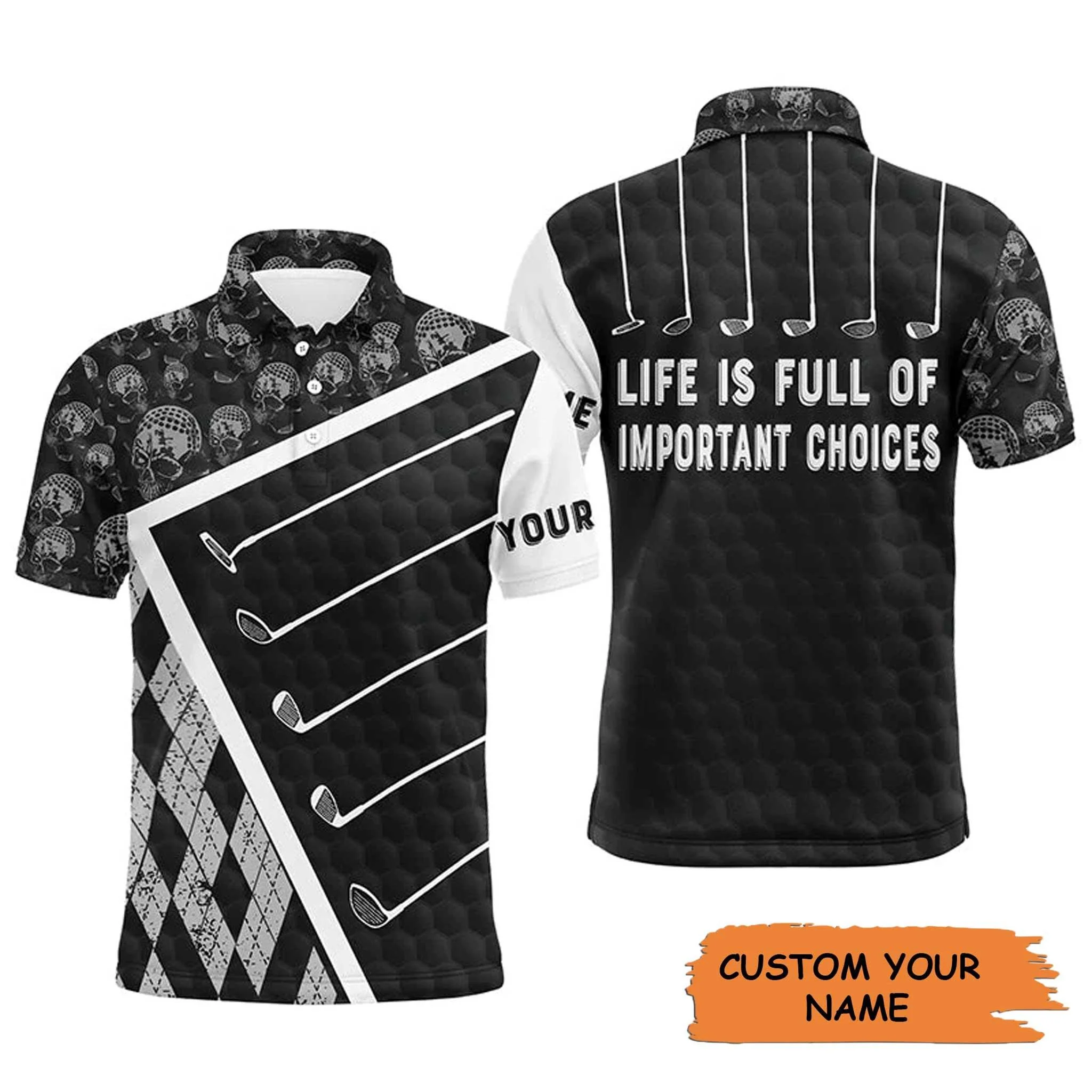 Custom Golf Long Sleeve Men Polo Shirt - Golf Clubs Skull Pattern Custom Name Black - Life Is Full Of Important Choices Black - Personalized Gift For Golf Lover, Team - Image 2