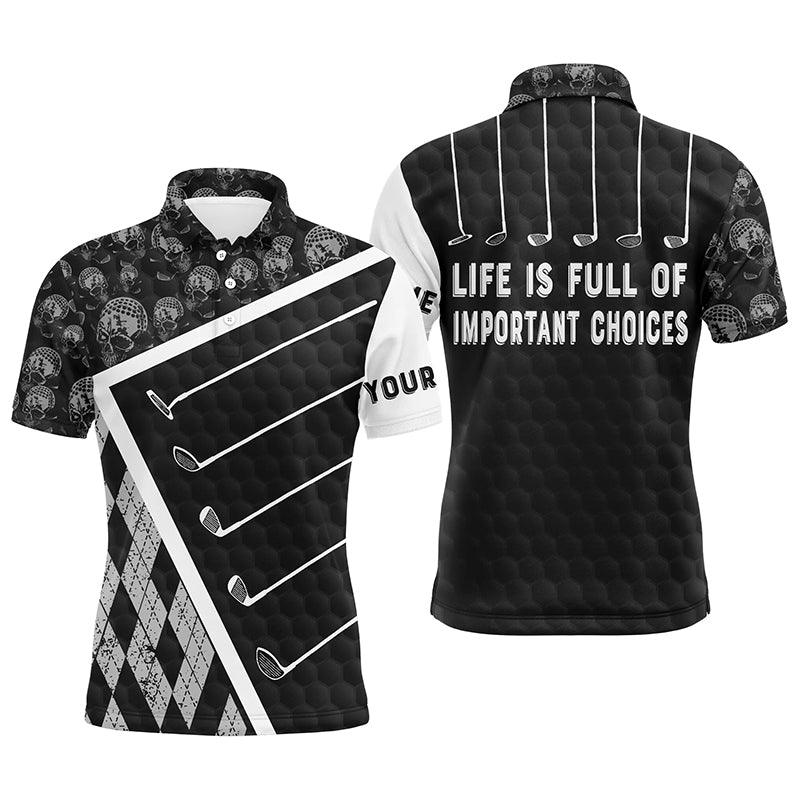 Custom Golf Long Sleeve Men Polo Shirt - Golf Clubs Skull Pattern Custom Name Black - Life Is Full Of Important Choices Black - Personalized Gift For Golf Lover, Team - Image 3