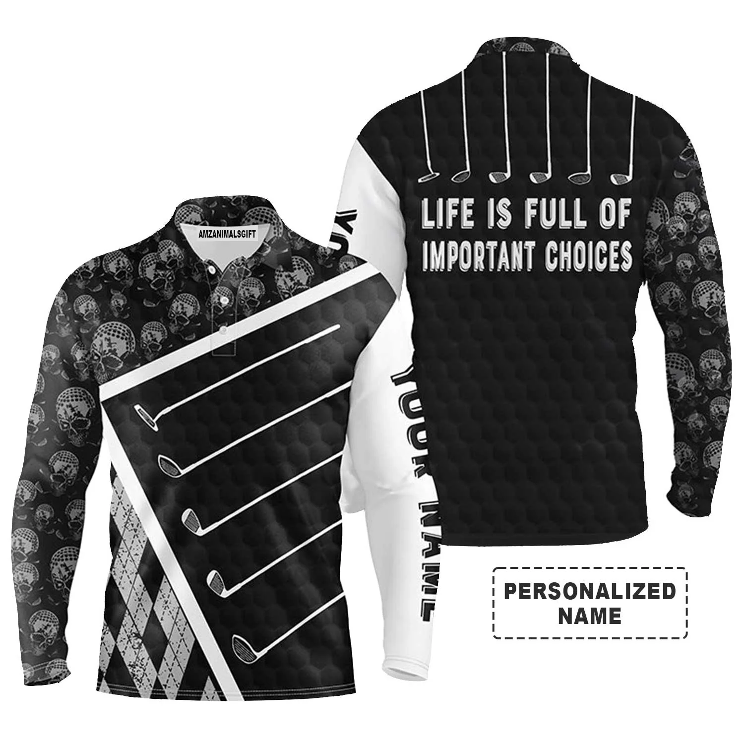 Custom Golf Long Sleeve Men Polo Shirt - Golf Clubs Skull Pattern Custom Name Black - Life Is Full Of Important Choices Black - Personalized Gift For Golf Lover, Team - Image 4