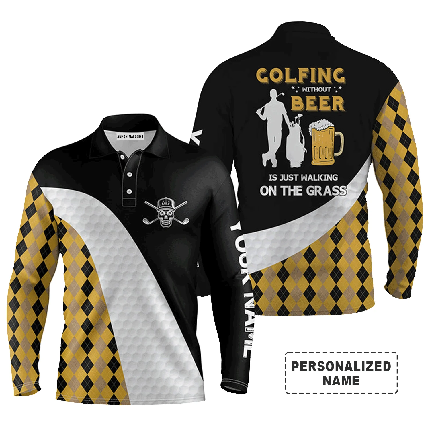 Custom Golf Long Sleeve Men Polo Shirt - Golfing Without Beer Is Just Walking On The Grass Men Golf Polo Shirt - Perfect Polo Shirt For Men, Golfers - Image 2