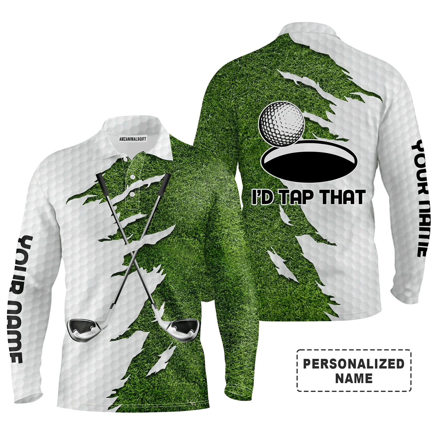 Custom Golf Long Sleeve Men Polo Shirt - Green Golf Course Custom Name , I'd Tap That Men Golf Polo Shirt - Personalized Gift For Golf Men, Golf Lover - Image 2