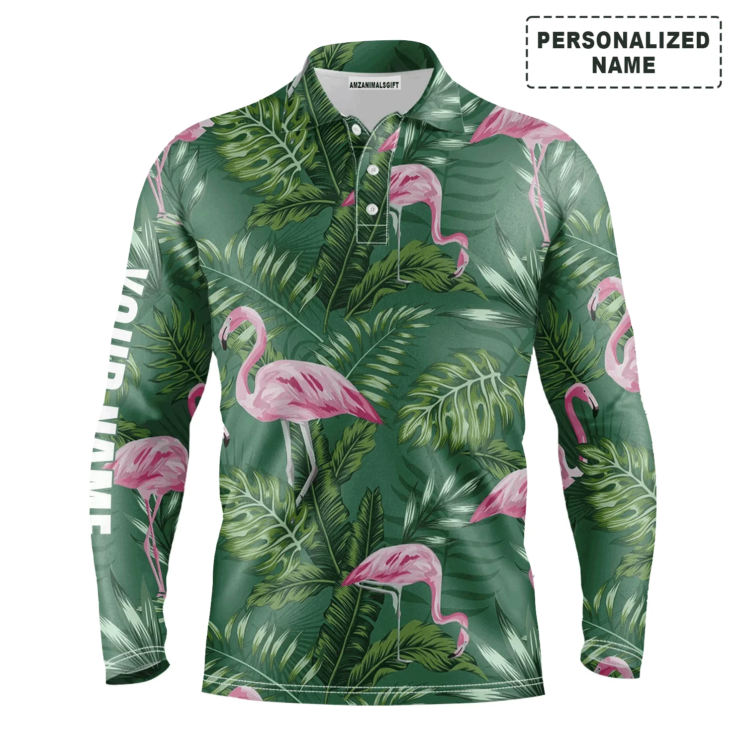 Custom Golf Long Sleeve Men Polo Shirt - Green Tropical Plants Monstera Flamingo Custom Name Apparel - Personalized Gift For Men, Golf Lover - Image 2