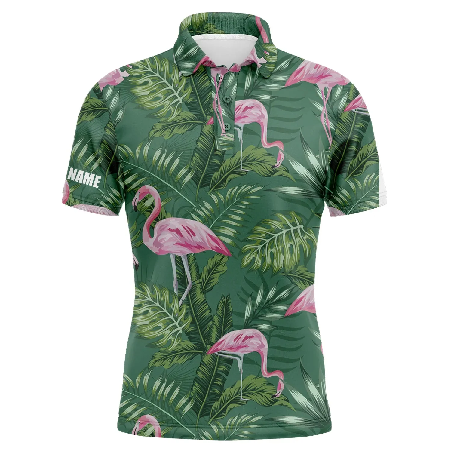 Custom Golf Long Sleeve Men Polo Shirt - Green Tropical Plants Monstera Flamingo Custom Name Apparel - Personalized Gift For Men, Golf Lover - Image 3