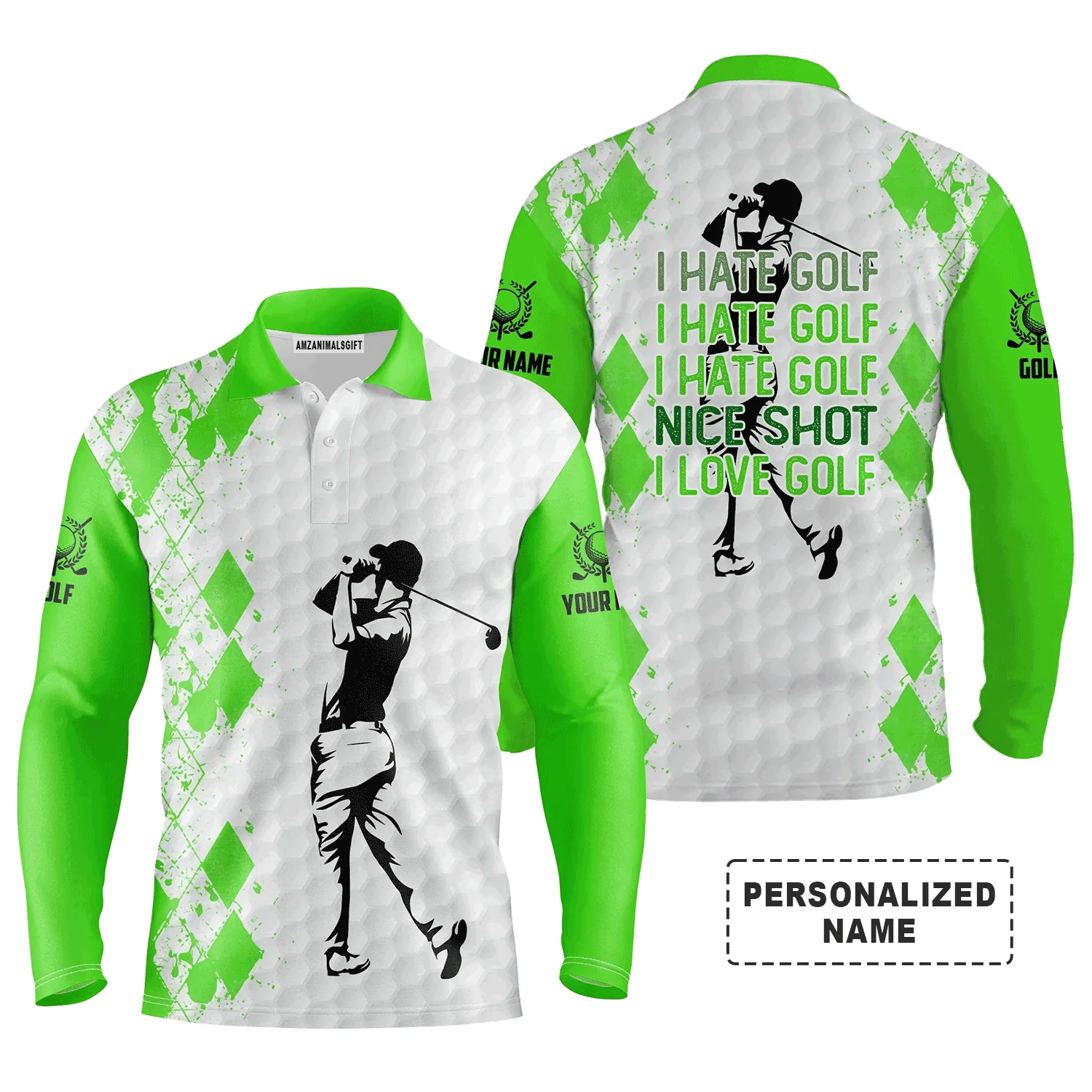 Custom Golf Long Sleeve Men Polo Shirt- Green White Apparel, I Hate Golf Nice Shot I Love Golf - Perfect Polo Shirt For Men, Golfers - Image 2