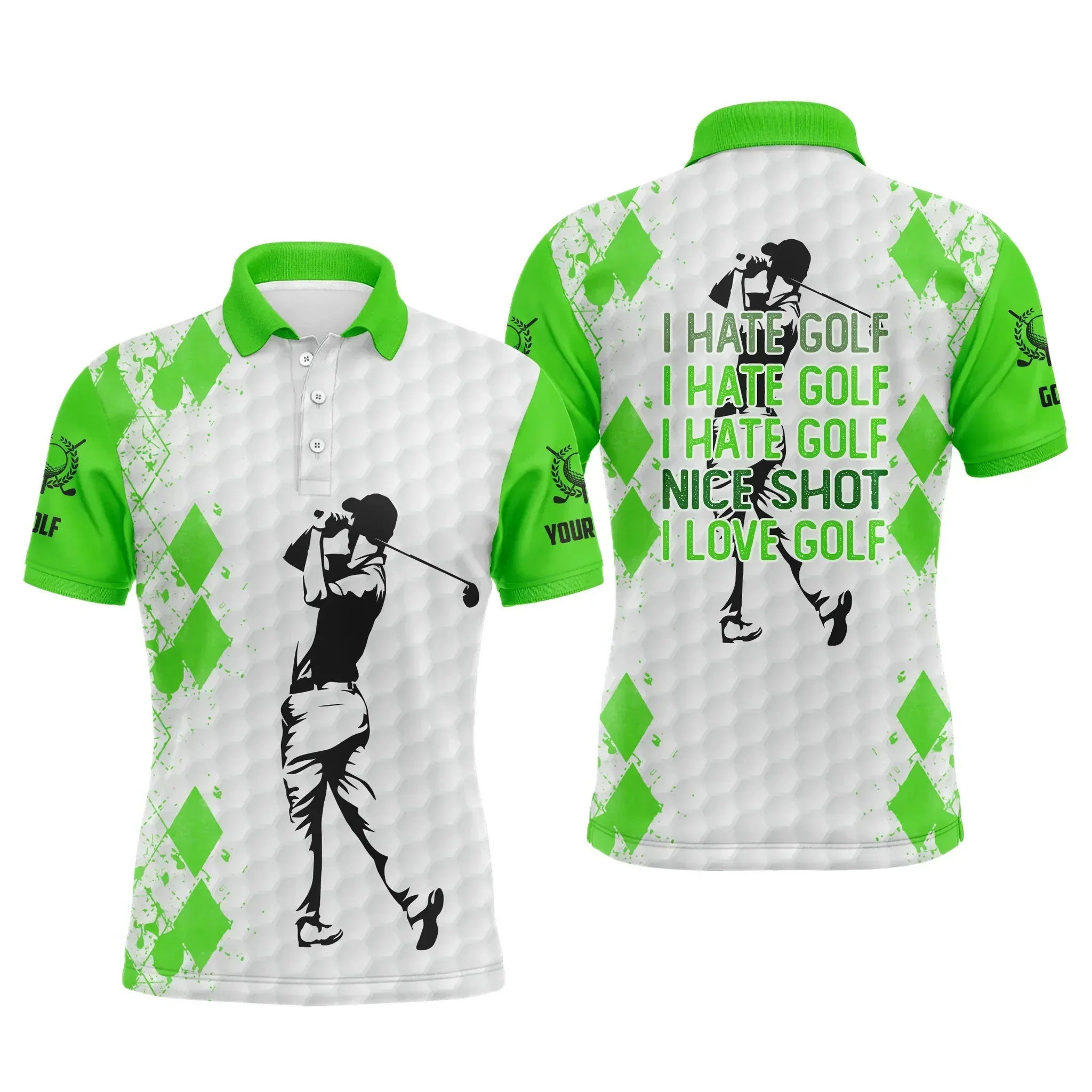 Custom Golf Long Sleeve Men Polo Shirt- Green White Apparel, I Hate Golf Nice Shot I Love Golf - Perfect Polo Shirt For Men, Golfers - Image 3