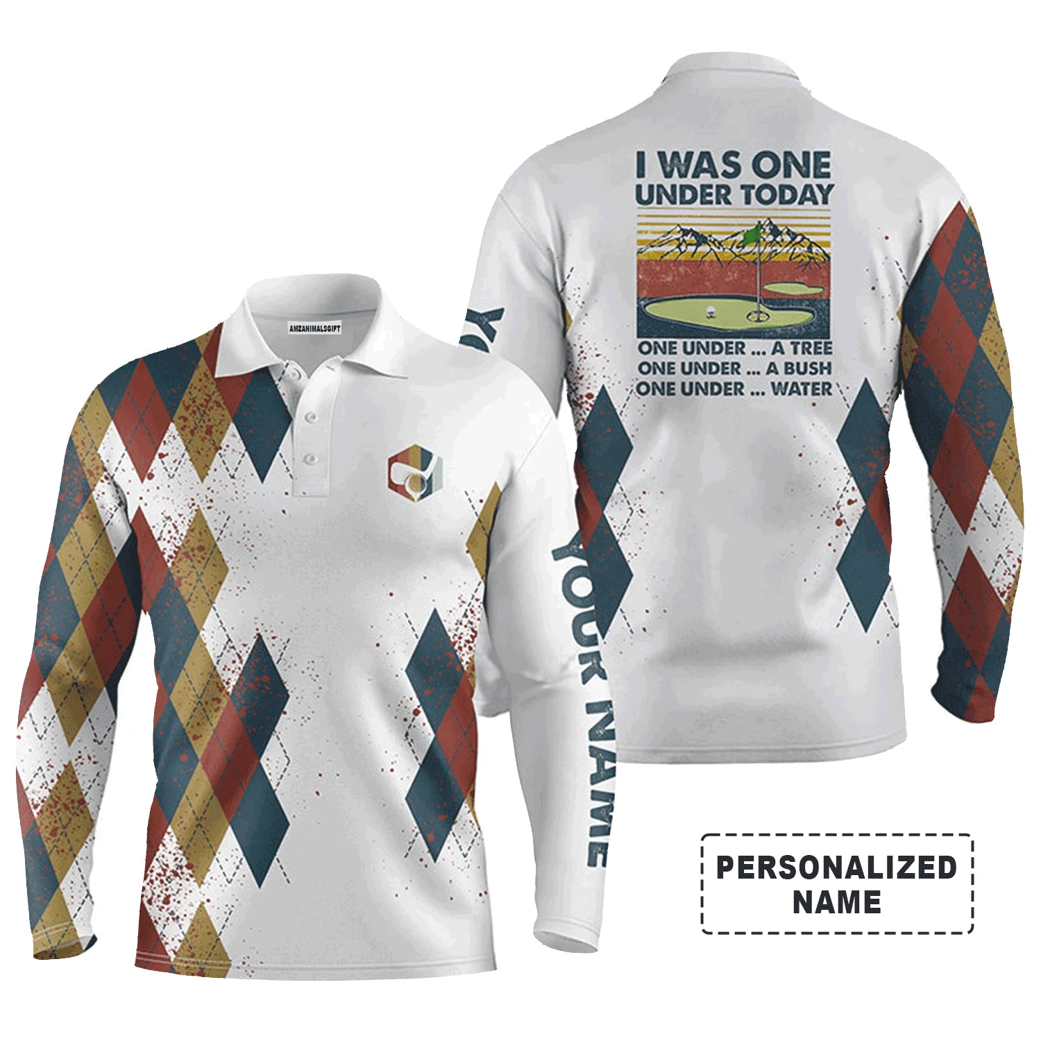 Custom Golf Long Sleeve Men Polo Shirt - I Was One Under Today One Under A Tree Bush and Water Golf Men Polo Shirt For Golf Lover - Image 4