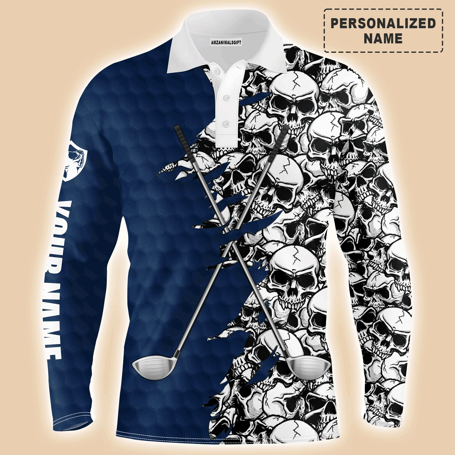 Custom Golf Long Sleeve Men Polo Shirt, Pattern Skull Golf Clubs Performance Custom Name Apparel - Perfect Gift For Men, Golf Lovers - Image 2