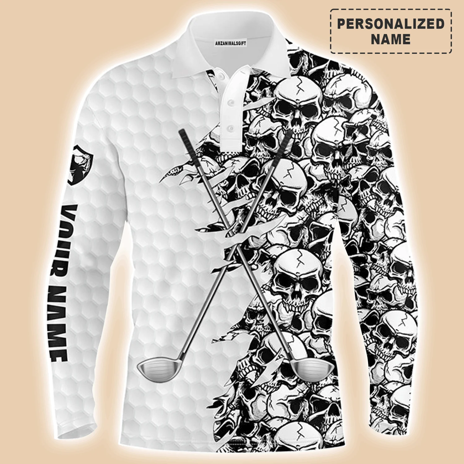 Custom Golf Long Sleeve Men Polo Shirt, Pattern Skull Golf Clubs Performance Custom Name Apparel - Perfect Gift For Men, Golf Lovers - Image 3
