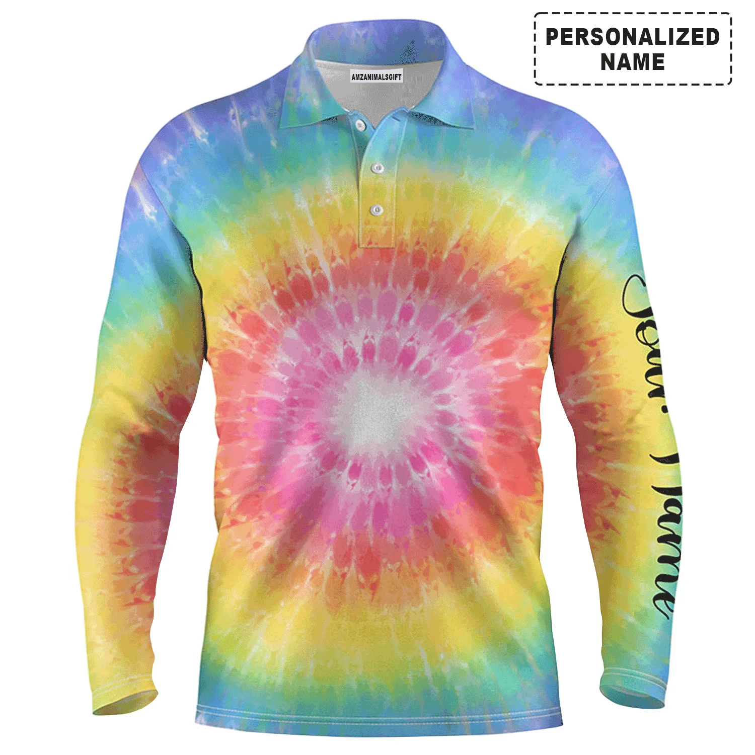 Custom Golf Long Sleeve Men Polo Shirt - Rainbow Coloured Tie Dye Painted Pattern Custom Name Apparel - Personalized Gift For Men, Golf Lover - Image 2
