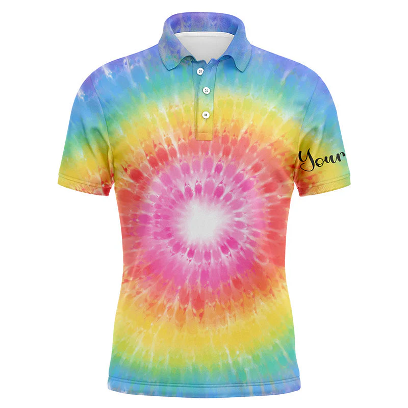 Custom Golf Long Sleeve Men Polo Shirt - Rainbow Coloured Tie Dye Painted Pattern Custom Name Apparel - Personalized Gift For Men, Golf Lover - Image 3