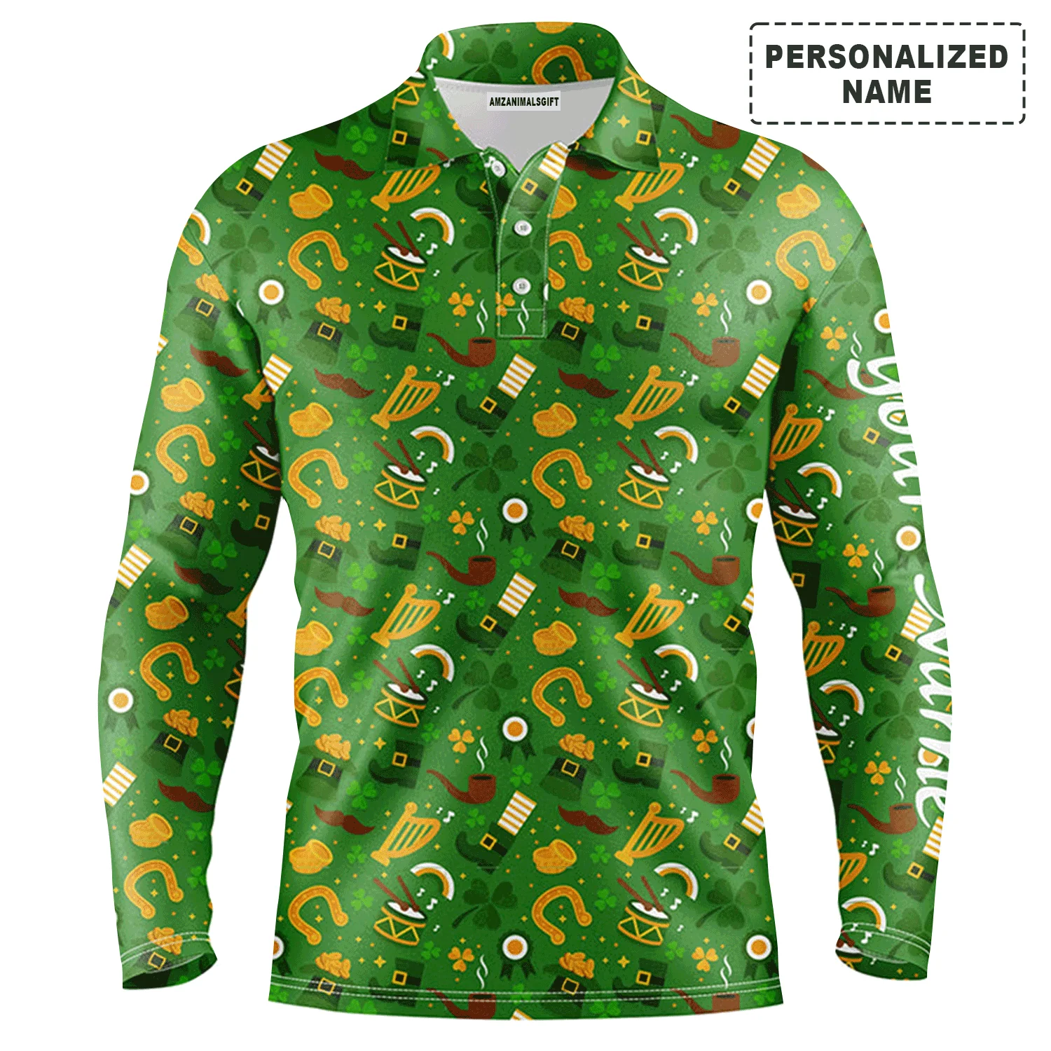 Custom Golf Long Sleeve Men Polo Shirt-Saint Patrick's Day Green Pattern Custom Name Apparel-Personalized Gift For Men, Golf Lover - Image 2