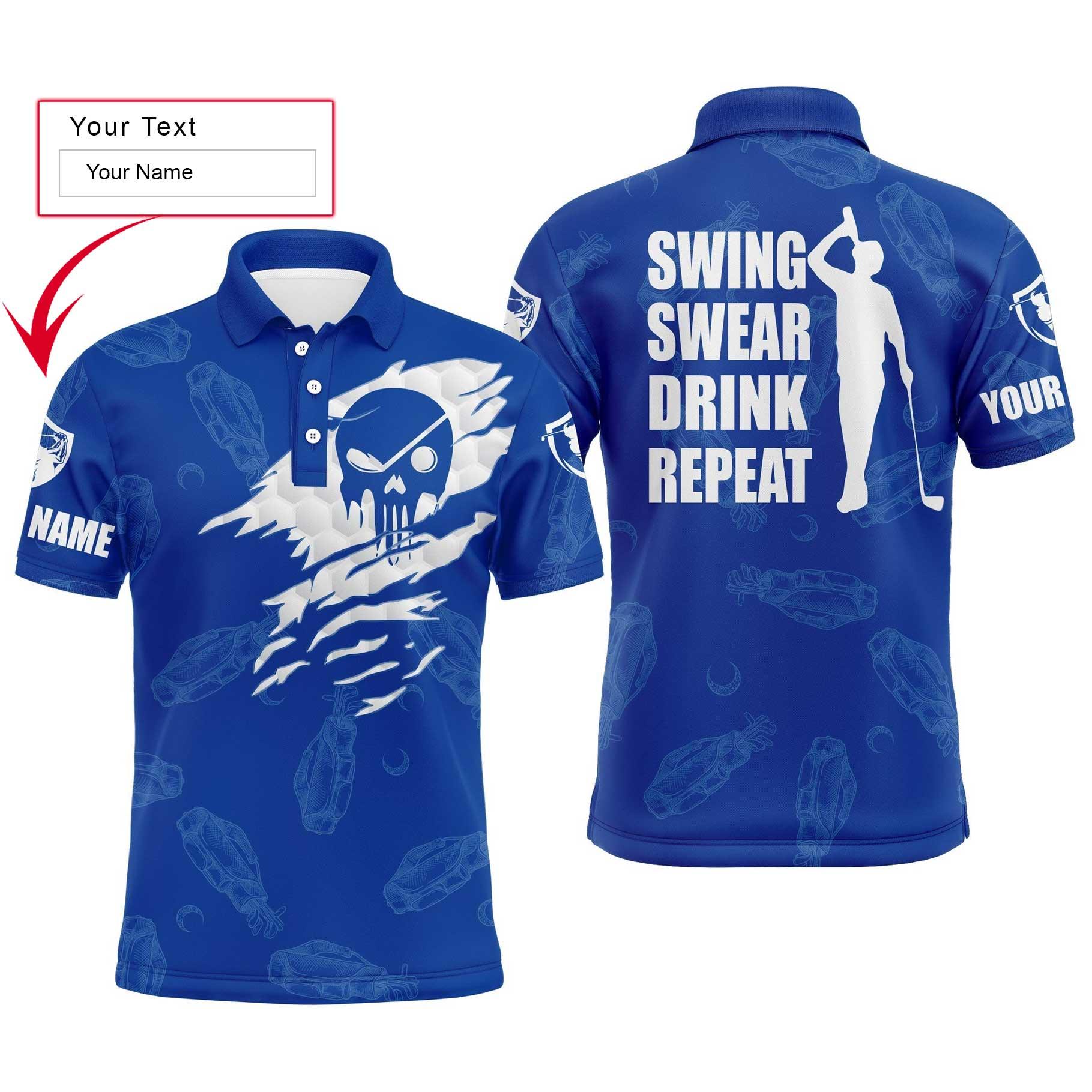 Custom Golf Long Sleeve Men Polo Shirt, Swing Swear Drink Repeat, Custom Name Golf Clubs Pattern Blue Men Polo Shirt For Golf Lovers