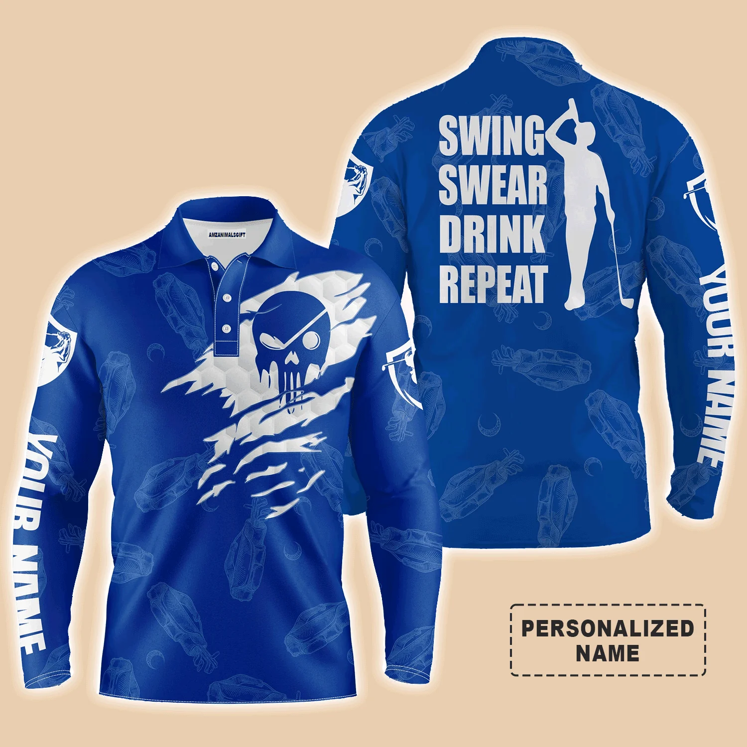 Custom Golf Long Sleeve Men Polo Shirt, Swing Swear Drink Repeat, Custom Name Golf Clubs Pattern Blue Men Polo Shirt For Golf Lovers - Image 2