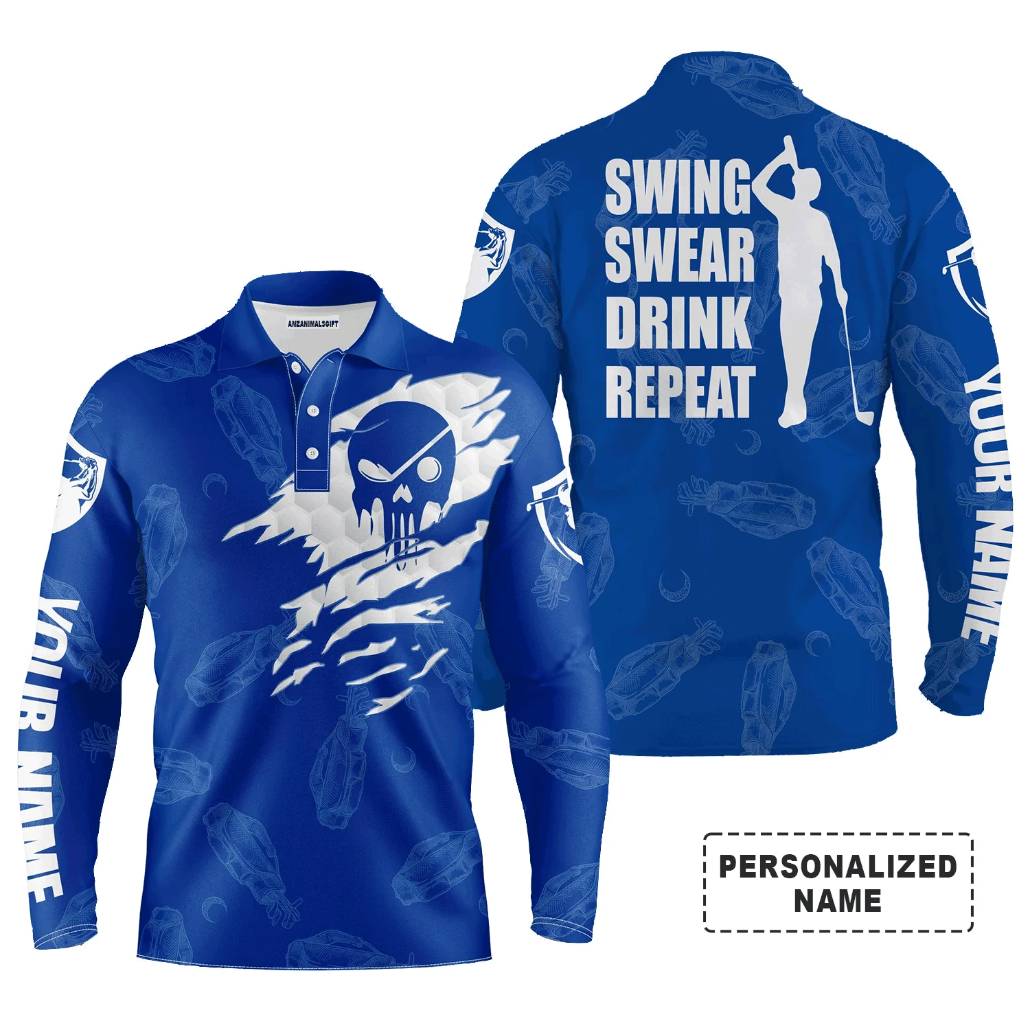 Custom Golf Long Sleeve Men Polo Shirt, Swing Swear Drink Repeat, Custom Name Golf Clubs Pattern Blue Men Polo Shirt For Golf Lovers - Image 3