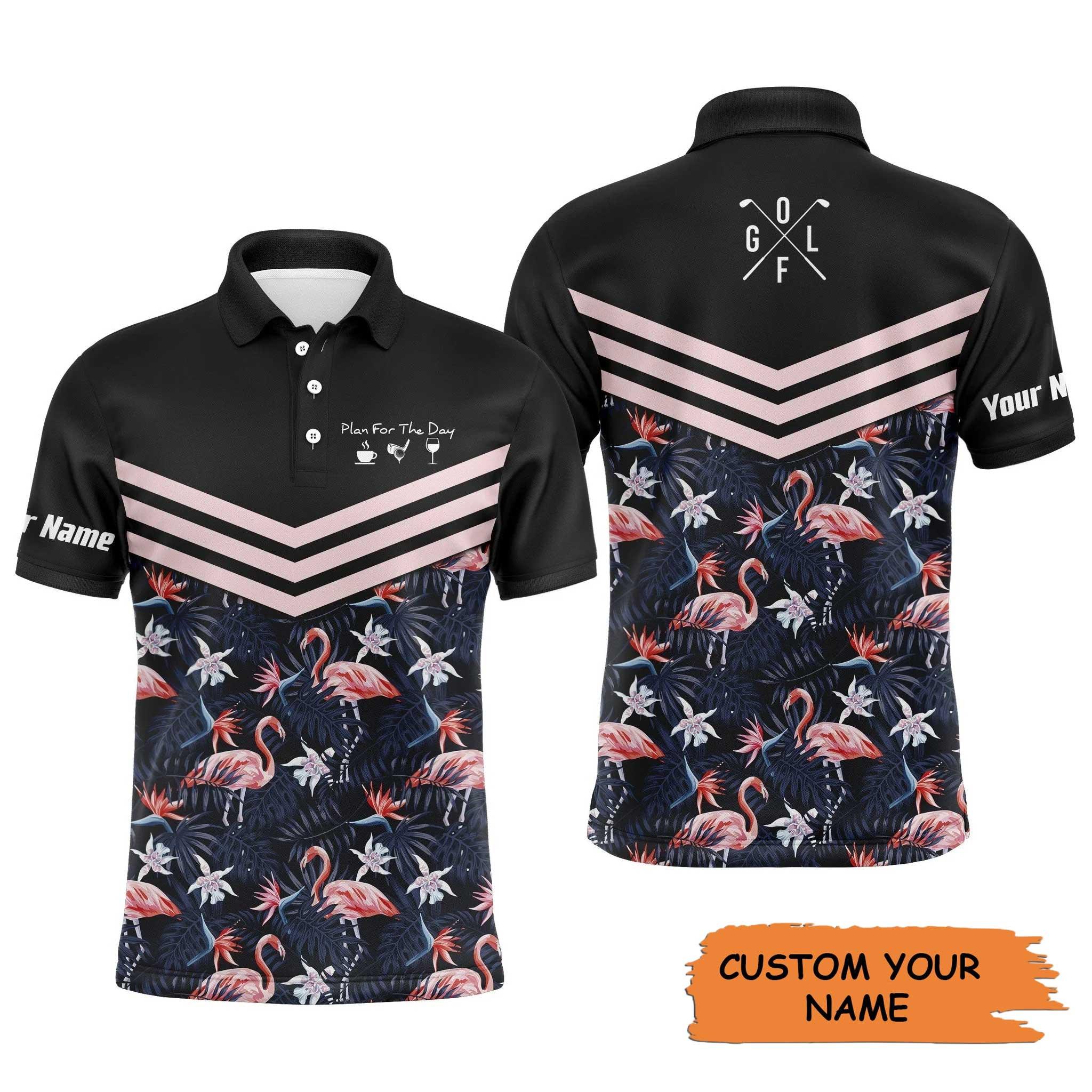 Custom Golf Long Sleeve Men Polo Shirt - Tropical Leaf Flamingo Pattern Polo Shirt - Plan For The Day Coffee Golf Wine - Gift For Golf Lover, Team - Image 3