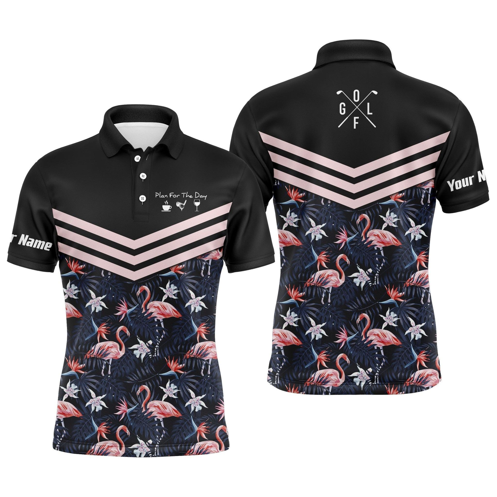 Custom Golf Long Sleeve Men Polo Shirt - Tropical Leaf Flamingo Pattern Polo Shirt - Plan For The Day Coffee Golf Wine - Gift For Golf Lover, Team - Image 4