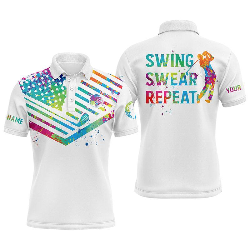 Custom Golf Long Sleeve Men Polo Shirt - Watercolor American Flag Custom Name White Apparel - Swing Swear Repeat Men Golf Polo Shirt - Personalized Gift For Golf Lover - Image 3