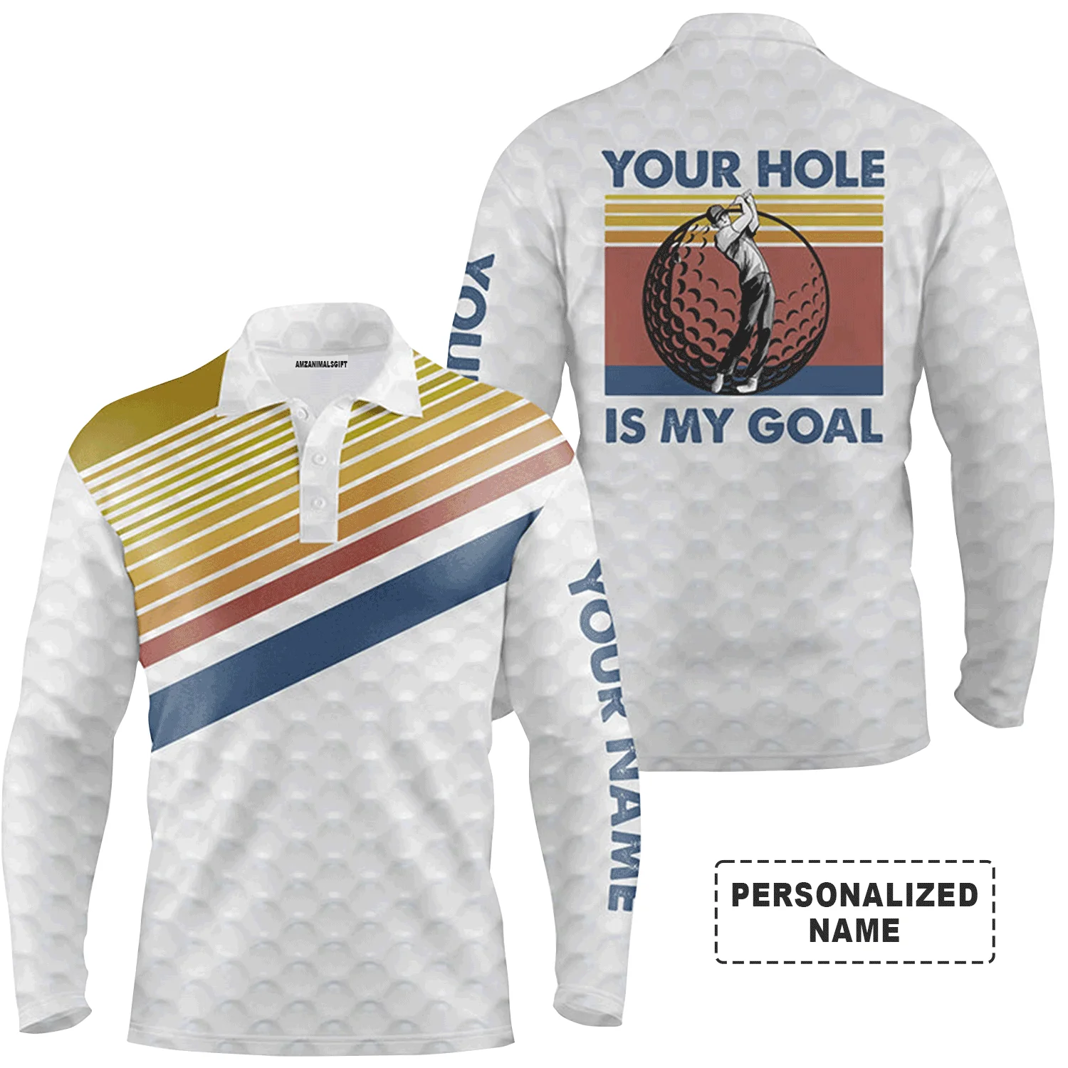 Custom Golf Long Sleeve Men Polo Shirt- Your Hole Is My Goal Retro Striped Personalized Polo Shirt, Personalized Gift For Men,Golf Lovers - Image 2