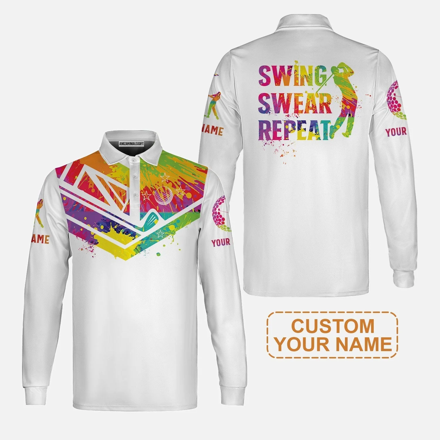 Custom Golf Long Sleeve Shirt - Watercolor New Zealand Flag Custom Name White Apparel, Swing Swear Repeat Long Sleeve Shirt - Perfect Shirt For Men - Image 5