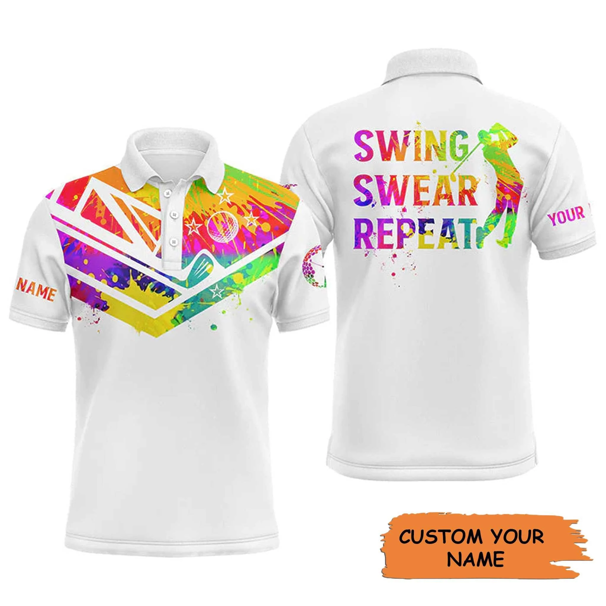 Custom Golf Long Sleeve Shirt - Watercolor New Zealand Flag Custom Name White Apparel, Swing Swear Repeat Long Sleeve Shirt - Perfect Shirt For Men - Image 7