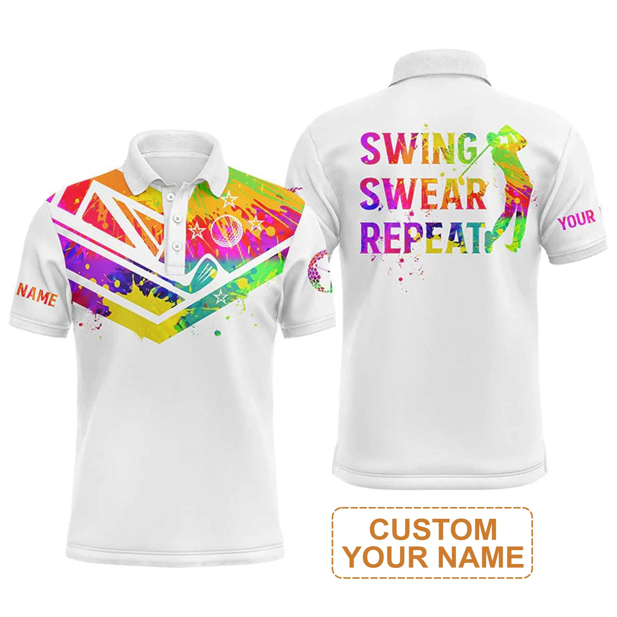 Custom Golf Long Sleeve Shirt - Watercolor New Zealand Flag Custom Name White Apparel, Swing Swear Repeat Long Sleeve Shirt - Perfect Shirt For Men - Image 8