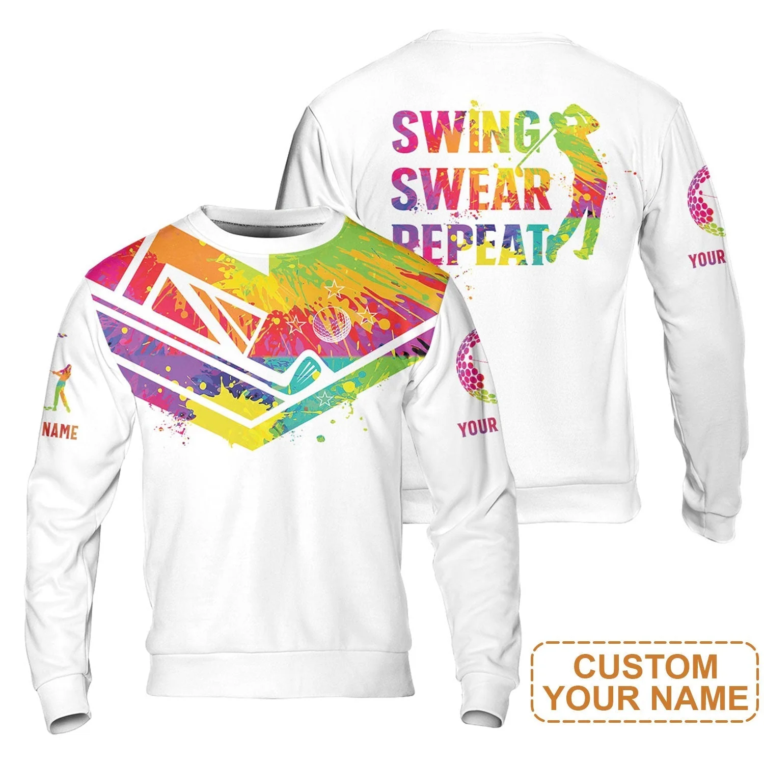 Custom Golf Long Sleeve Shirt - Watercolor New Zealand Flag Custom Name White Apparel, Swing Swear Repeat Long Sleeve Shirt - Perfect Shirt For Men - Image 9