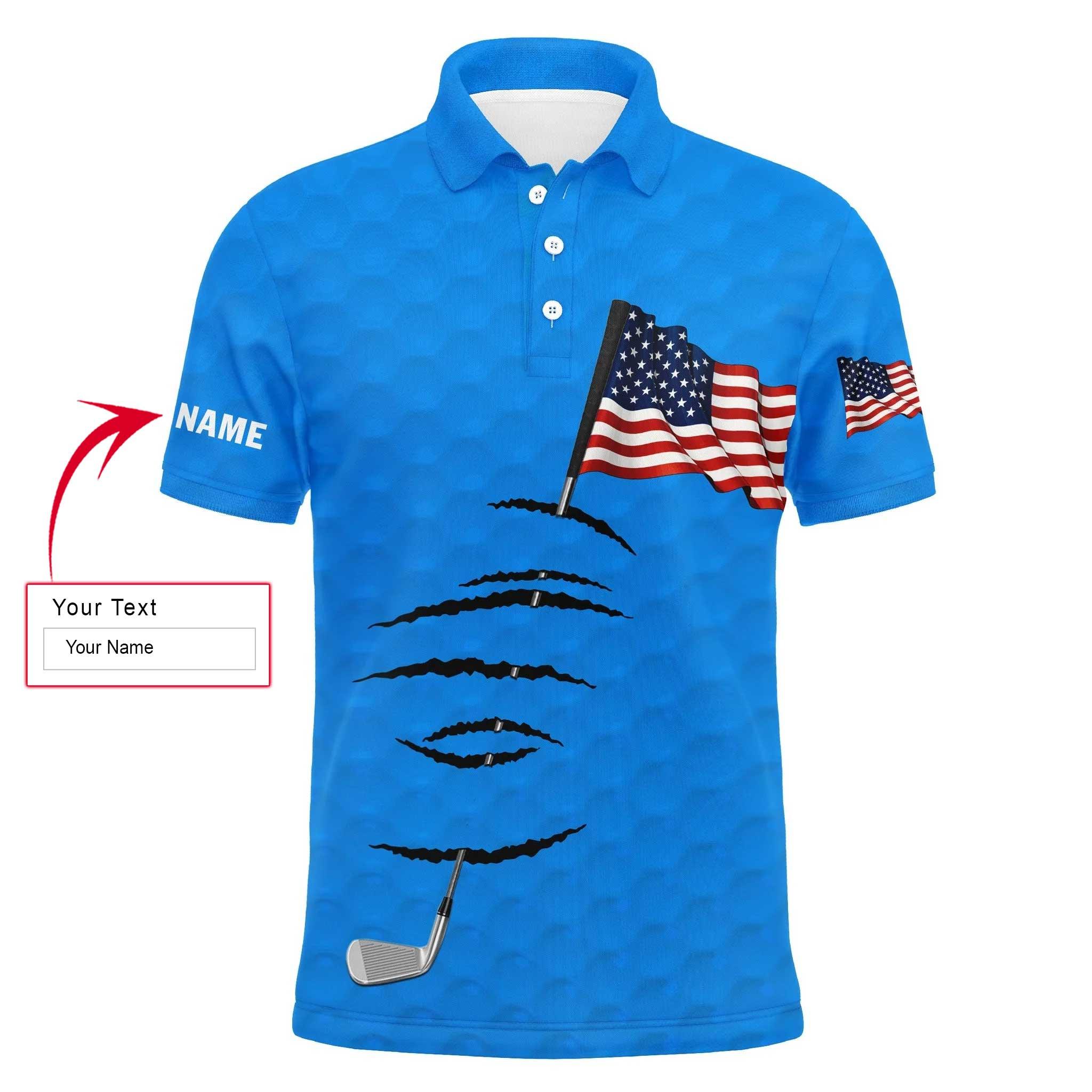 Custom Golf Men Polo Shirt - American Flag 4th July Custom Name Blue Men Golf Polo Shirt - Perfect Polo Shirt For Men, Golfers