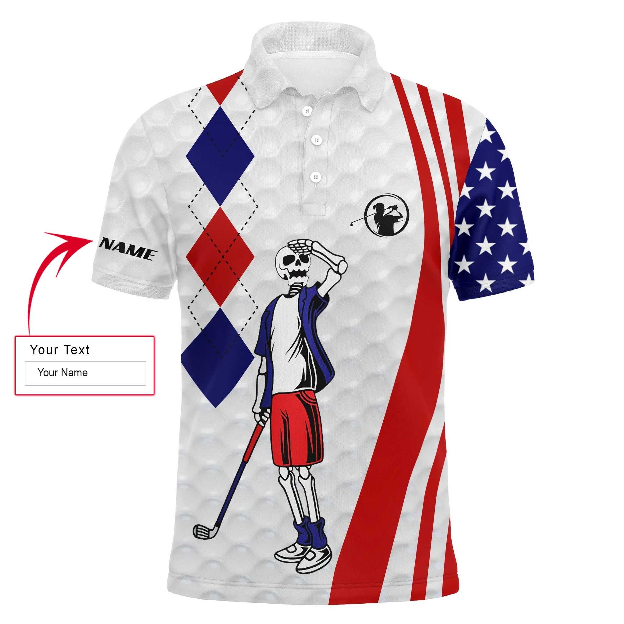 Custom Golf Men Polo Shirt - American Flag 4th July Skull Custom Name Apparel Men Golf Polo Shirt - Perfect Polo Shirt For Men, Golfers