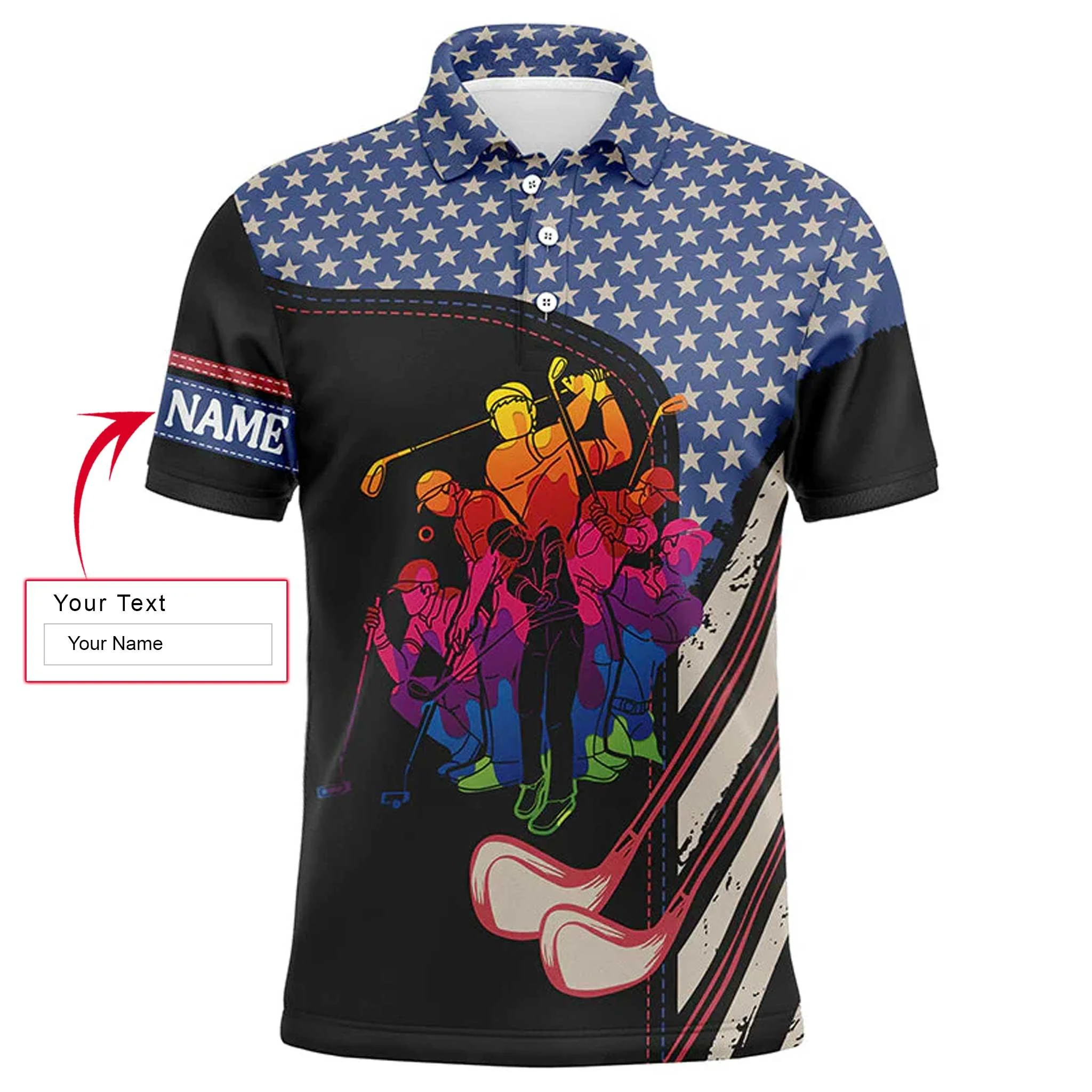 Custom Golf Men Polo Shirt - American Flag Golf Clubs Custom Name Apparel Men Golf Polo Shirt - Perfect Polo Shirt For Men, Golfers, 4th July