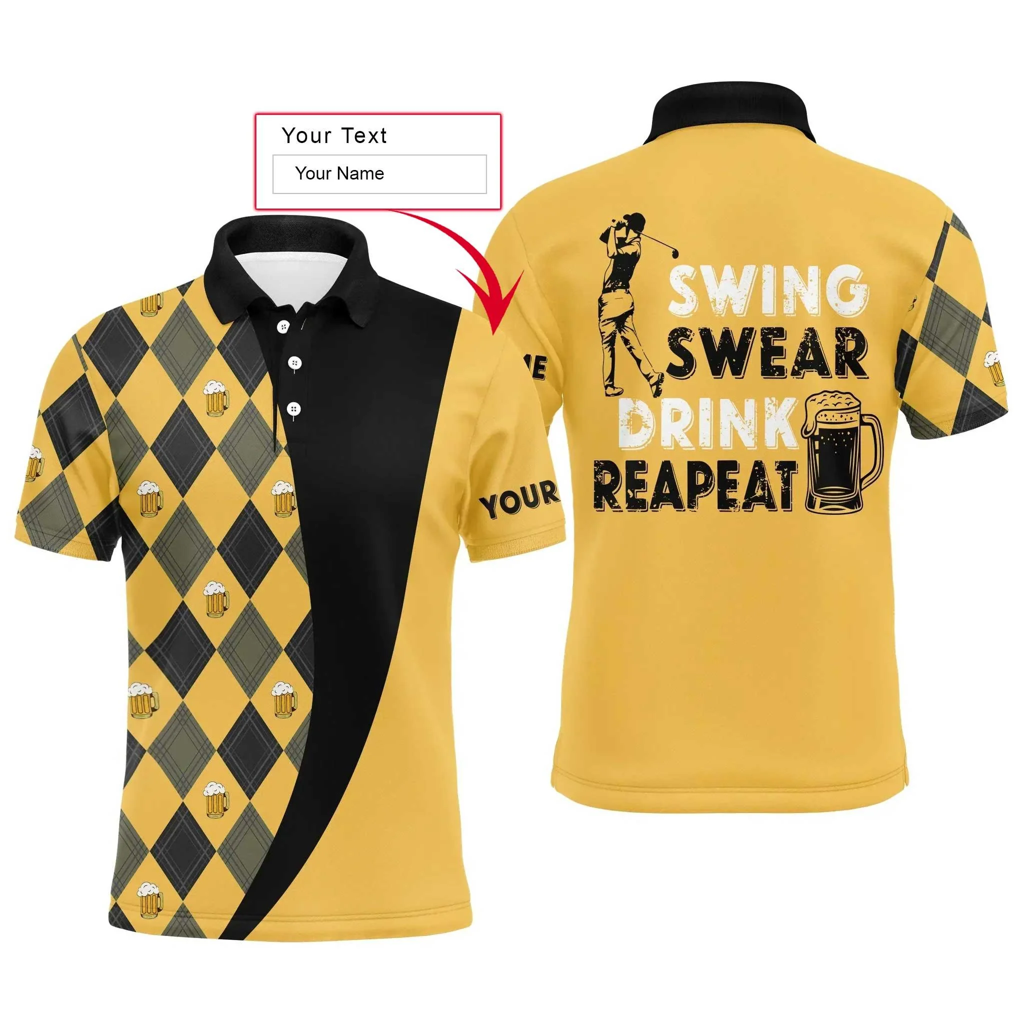 Custom Golf Men Polo Shirt - Beer And Golf Men Polo Shirt, Swing Swear Drink Repeat Polo Shirt - Perfect Polo Shirt For Men, Golfers