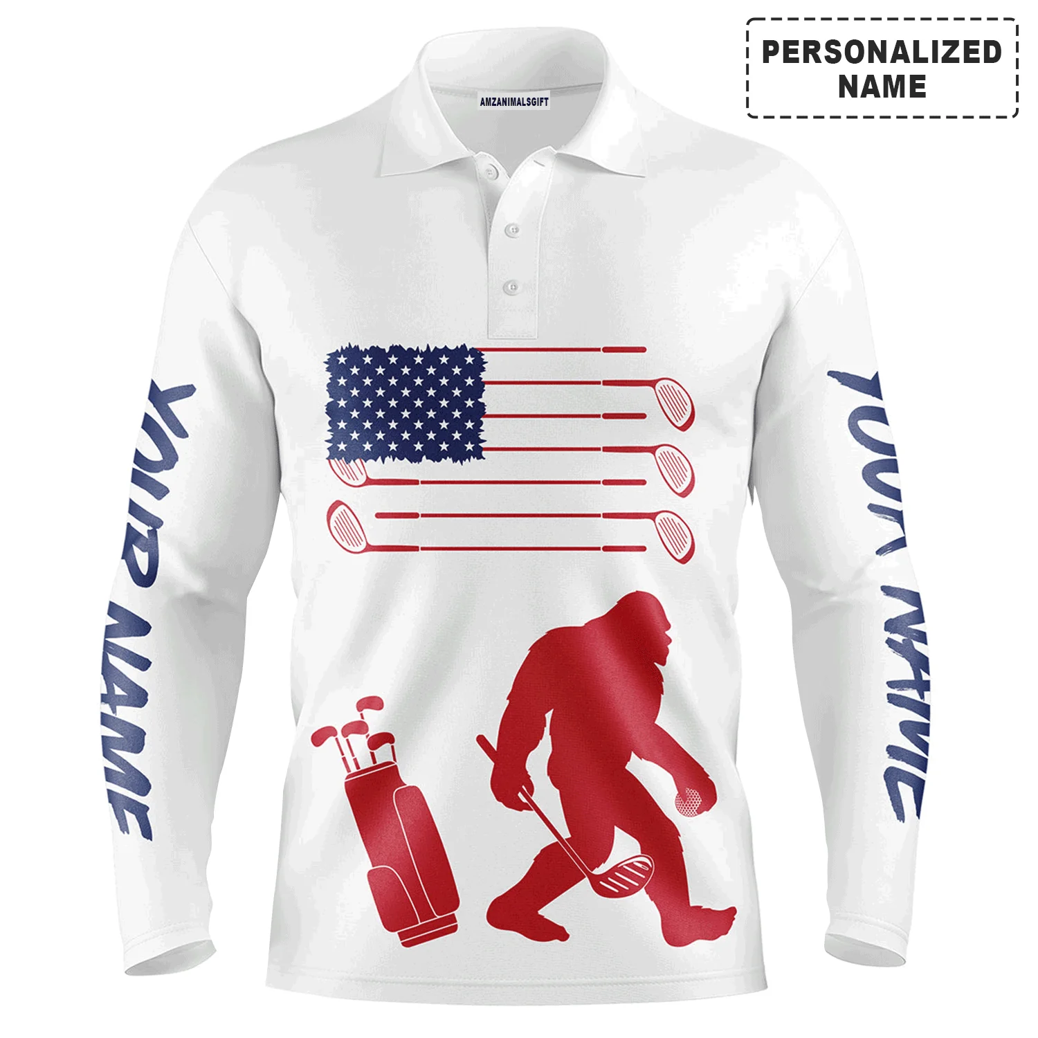Custom Golf Men Polo Shirt, Bigfoot Golf Custom Name Men Polo Shirt,Custom Name American Flag Bigfoot Patriotic Polo Shirt- Perfect Polo Shirt For Men - Image 2