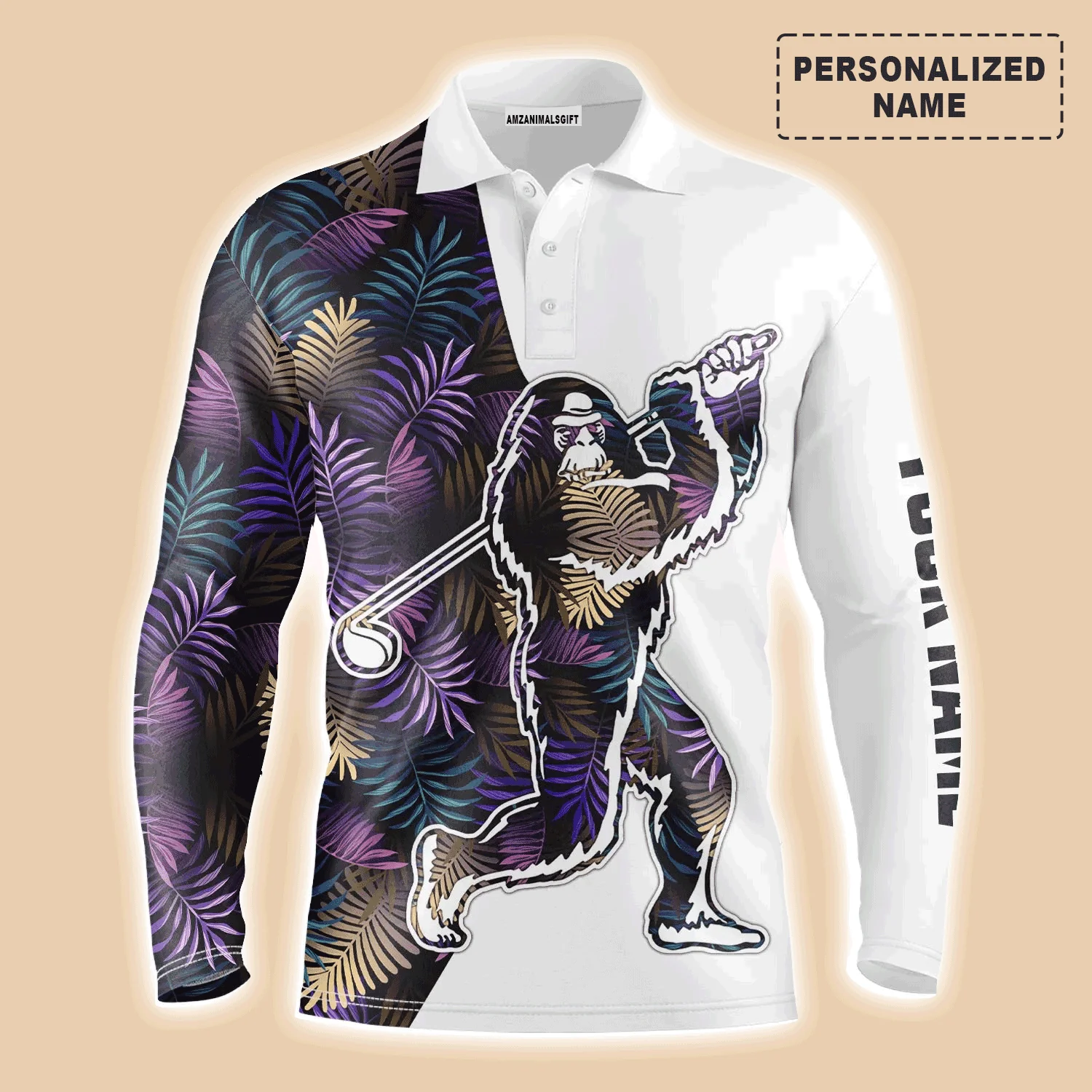 Custom Golf Men Polo Shirt, Bigfoot Golf Custom Name Men Polo Shirt,Funny Colorful Tropical Leaves Pattern Polo Shirt - Perfect Polo Shirt For Men, Golfers - Image 2