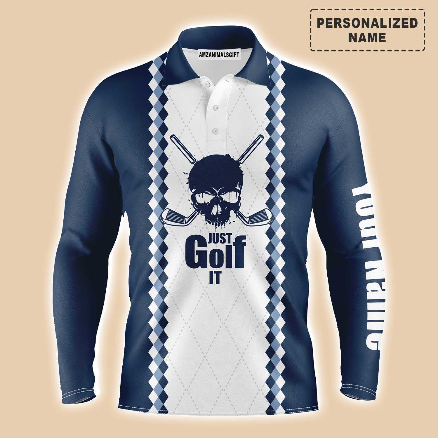 Custom Golf Men Polo Shirt - Blue And White Golf Skull Custom Name Apparel, Just Golf It Men Golf Polo Shirt - Perfect Polo Shirt For Men, Golfers - Image 2