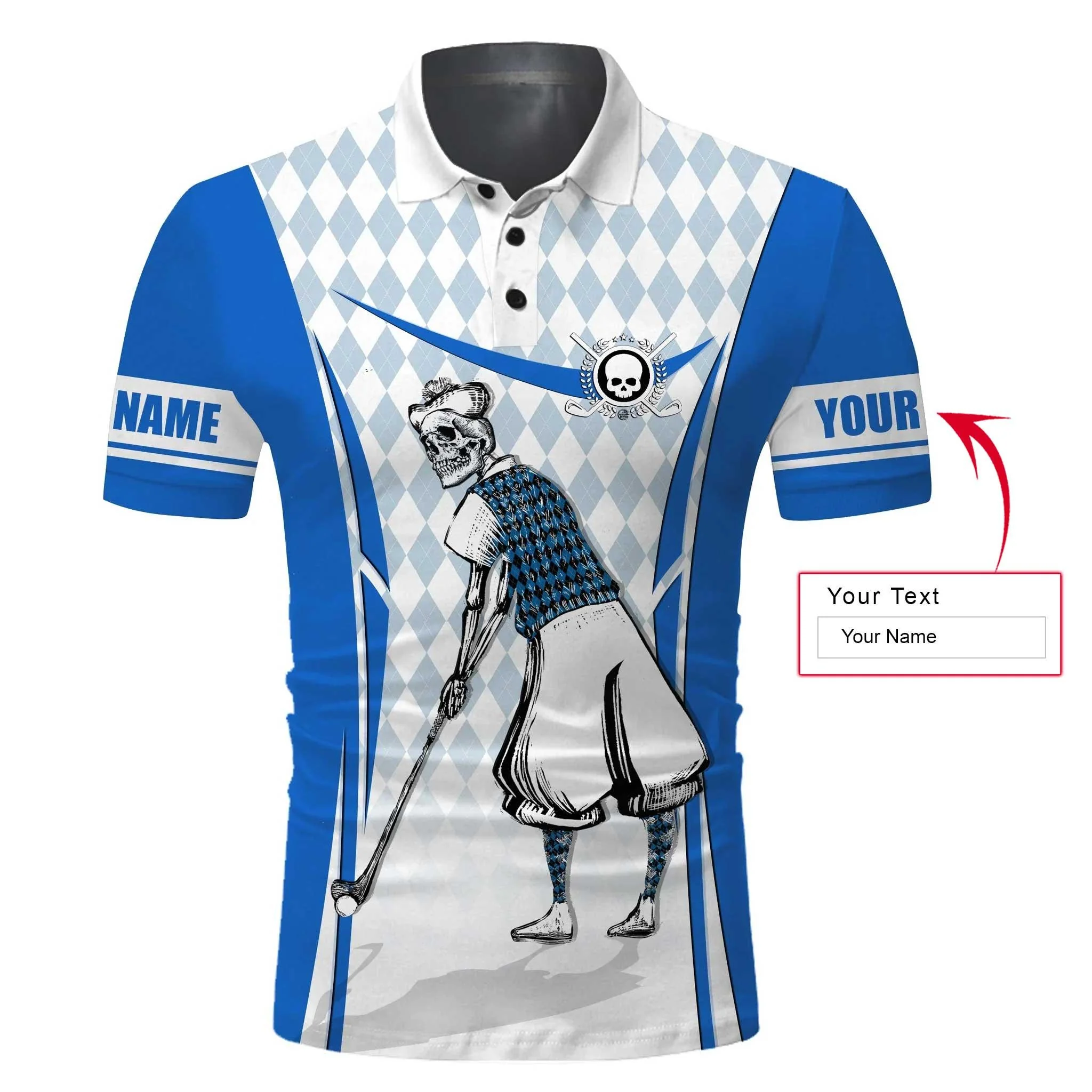 Custom Golf Men Polo Shirt - Blue Argyle Pattern Skull Apparel Men Golf Polo Shirt - Perfect Polo Shirt For Men, Golfers