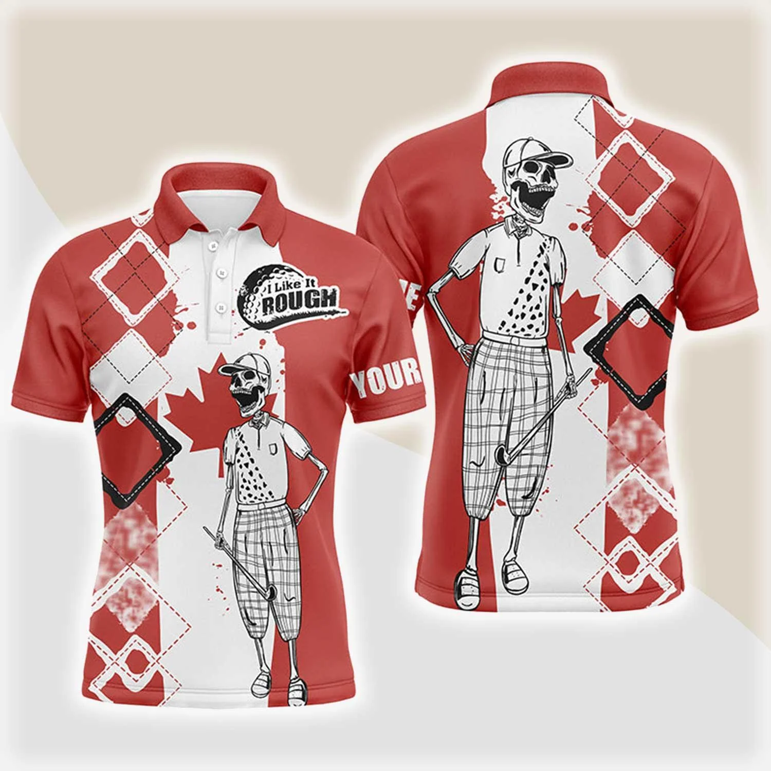 Custom Golf Men Polo Shirt - Canada Flag Custom Name Apparel - Skull I Like It Rough Men Golf Polo Shirt - Perfect Polo Shirt For Men, Golfers