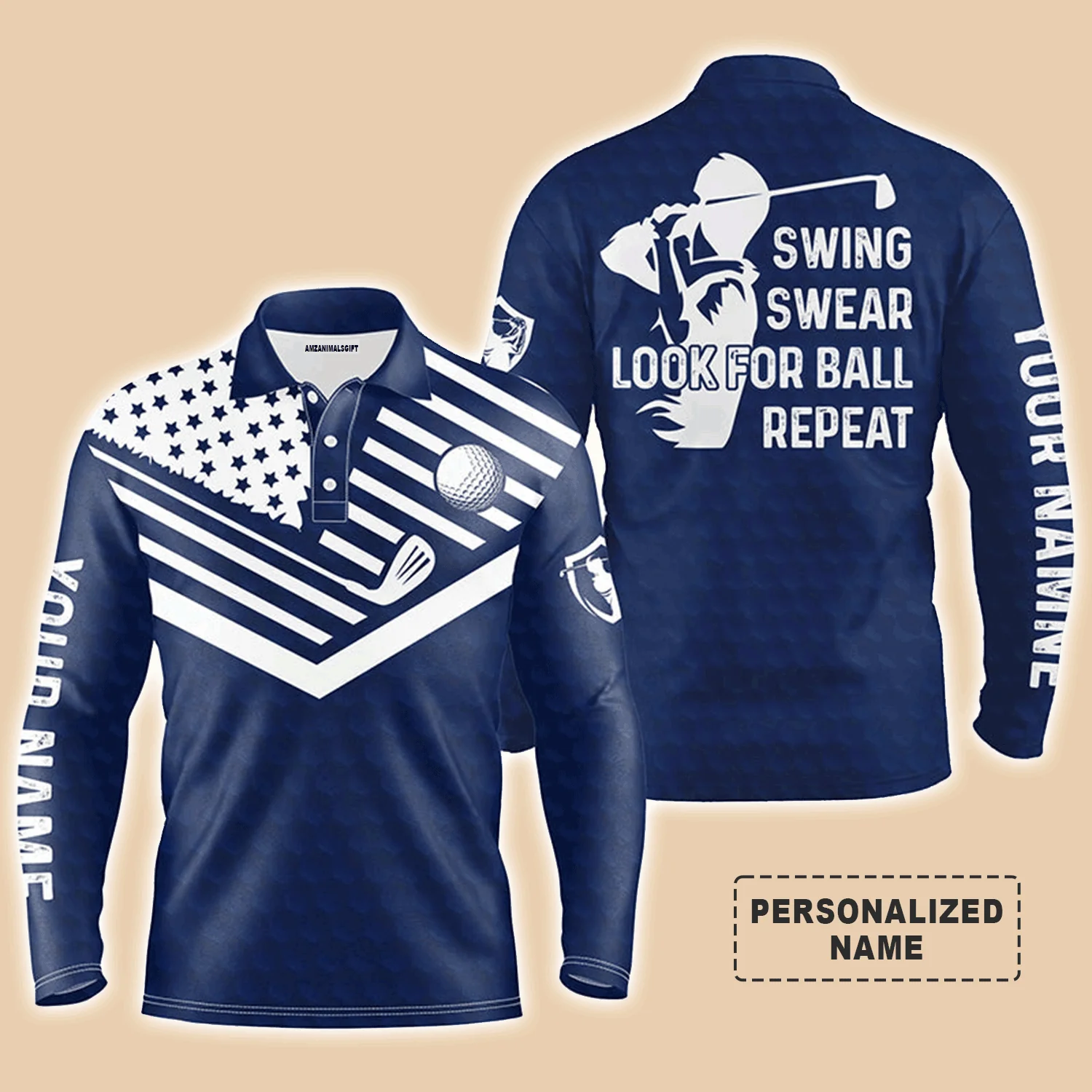 Custom Golf Men Polo Shirt - Custom Name American Flag Apparel - Swing Swear Look For Ball Repeat Men Golf Polo Shirt- Perfect Polo Shirt For Men - Image 9
