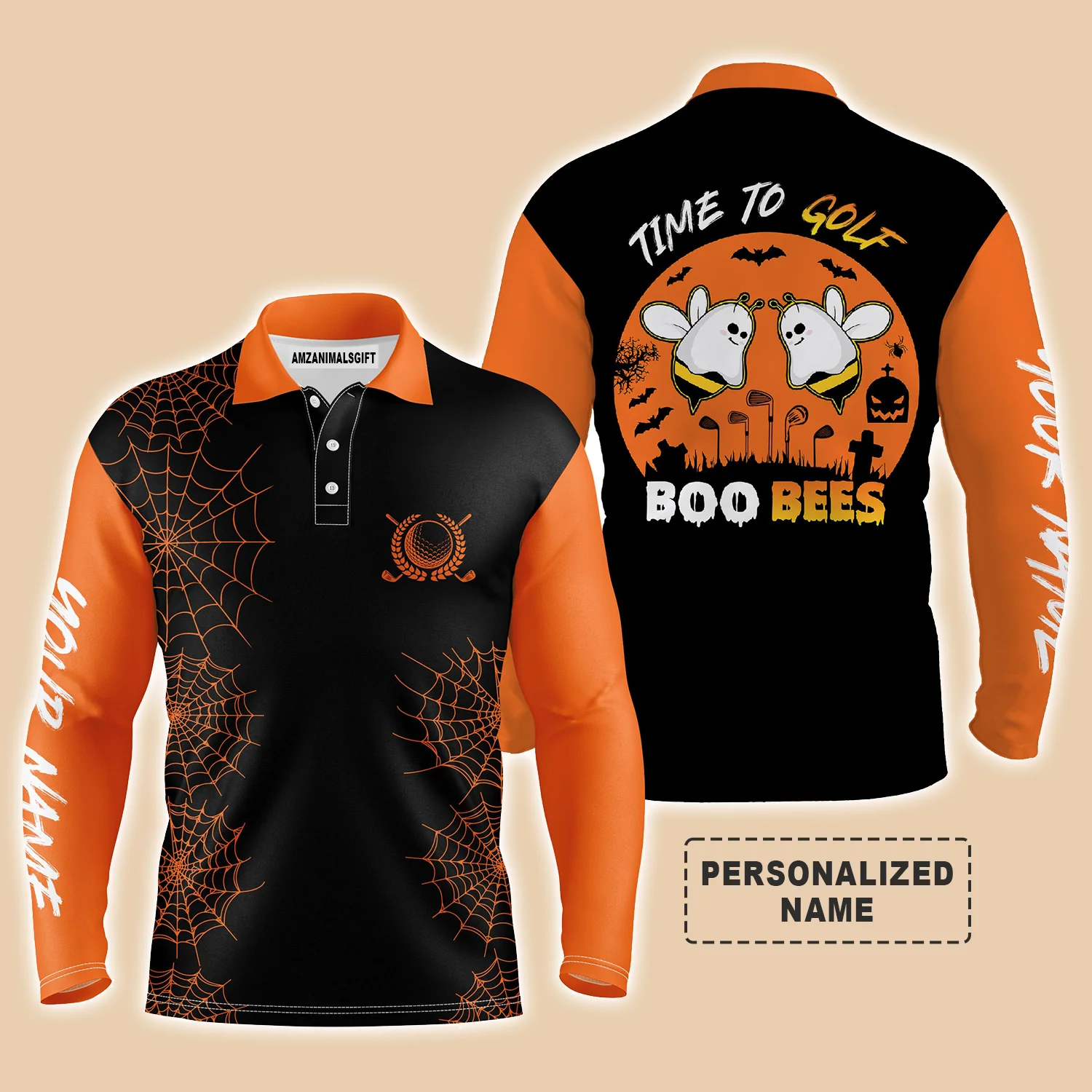 Custom Golf Men Polo Shirt - Funny Black Orange Halloween Golf Polo Shirts, Time To Golf Boo Bees Men Polo Shirt - Perfect Polo Shirt For Men - Image 4