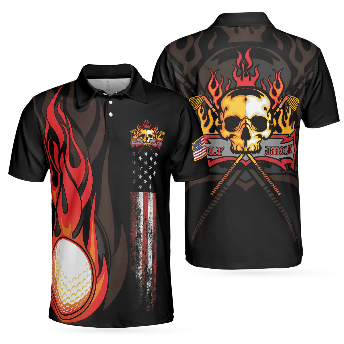 Custom Golf Men Polo Shirt - Golf Flame Skull Golf Men Polo Shirt, Black American Flag Golf Shirt For Men - Perfect Polo Shirt For Men, Golfers - Image 2