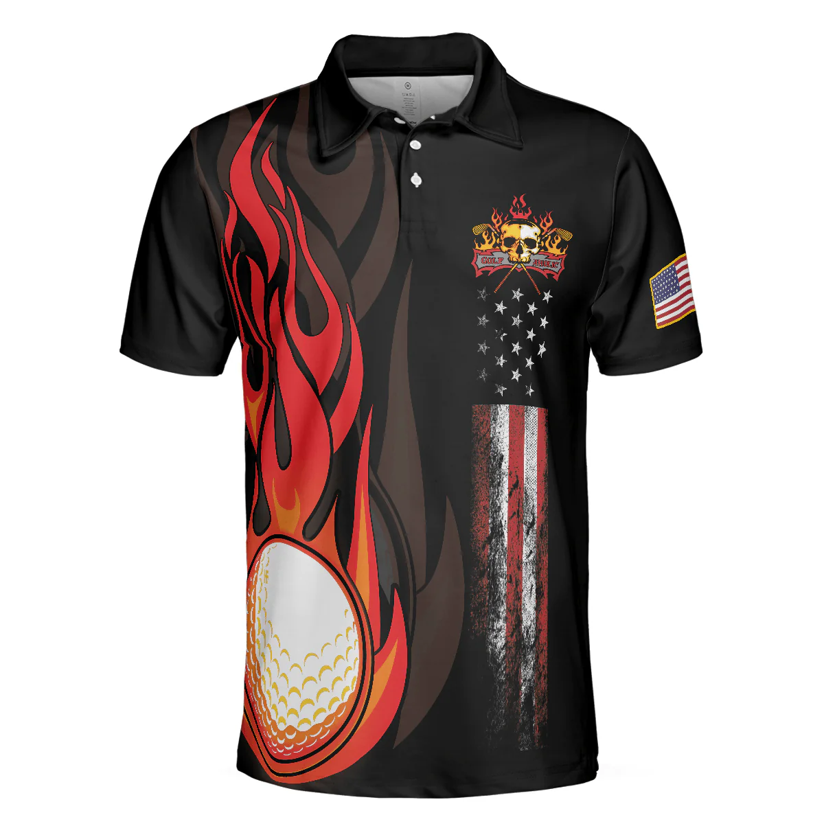 Custom Golf Men Polo Shirt - Golf Flame Skull Golf Men Polo Shirt, Black American Flag Golf Shirt For Men - Perfect Polo Shirt For Men, Golfers - Image 3