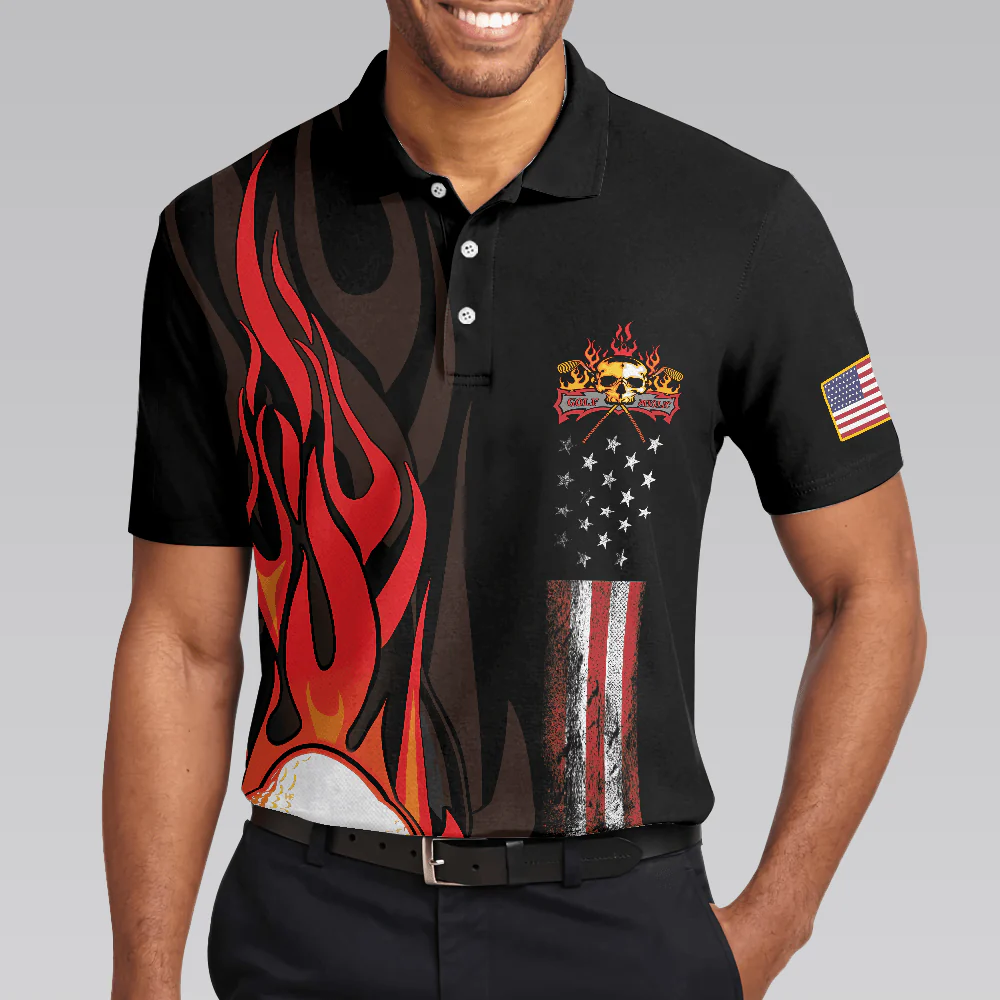 Custom Golf Men Polo Shirt - Golf Flame Skull Golf Men Polo Shirt, Black American Flag Golf Shirt For Men - Perfect Polo Shirt For Men, Golfers - Image 5