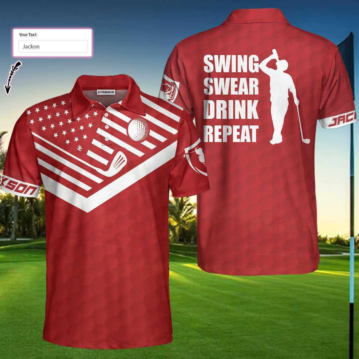 Custom Golf Men Polo Shirt - Swing Swear Drink Repeat Sunday Red Men Golf Polo Shirt - Perfect Polo Shirt For Men, Golfers