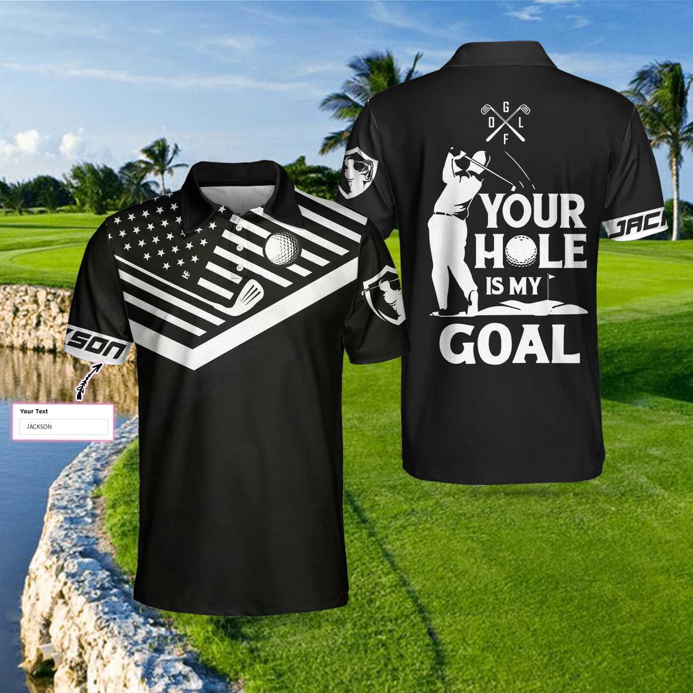Custom Golf Men Polo Shirts - Your Hole Is My Goal Custom Name Polo Shirt, Personalized Black American Flag Golf Shirt - Perfect Gift For Men, Golfers