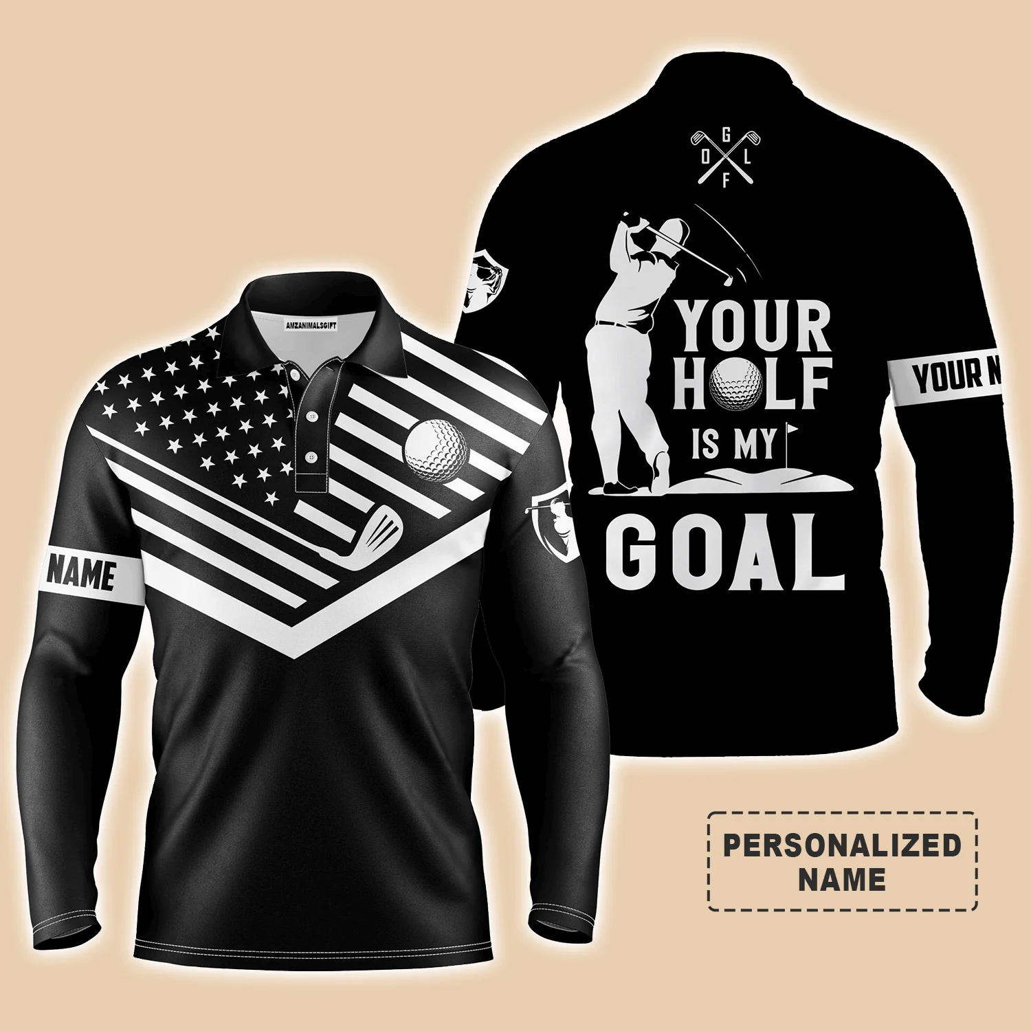 Custom Golf Men Polo Shirts - Your Hole Is My Goal Custom Name Polo Shirt, Personalized Black American Flag Golf Shirt - Perfect Gift For Men, Golfers - Image 2
