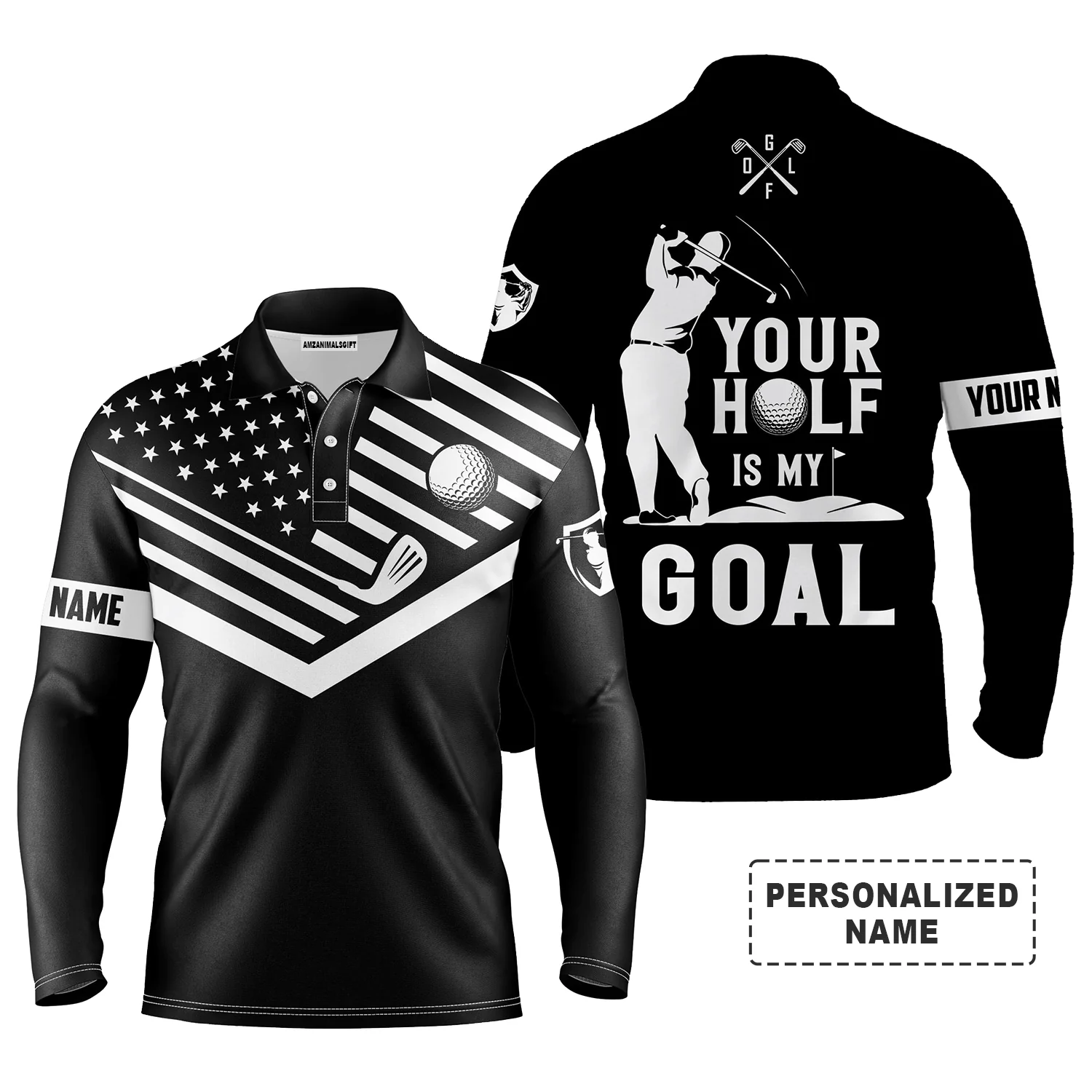 Custom Golf Men Polo Shirts - Your Hole Is My Goal Custom Name Polo Shirt, Personalized Black American Flag Golf Shirt - Perfect Gift For Men, Golfers - Image 6