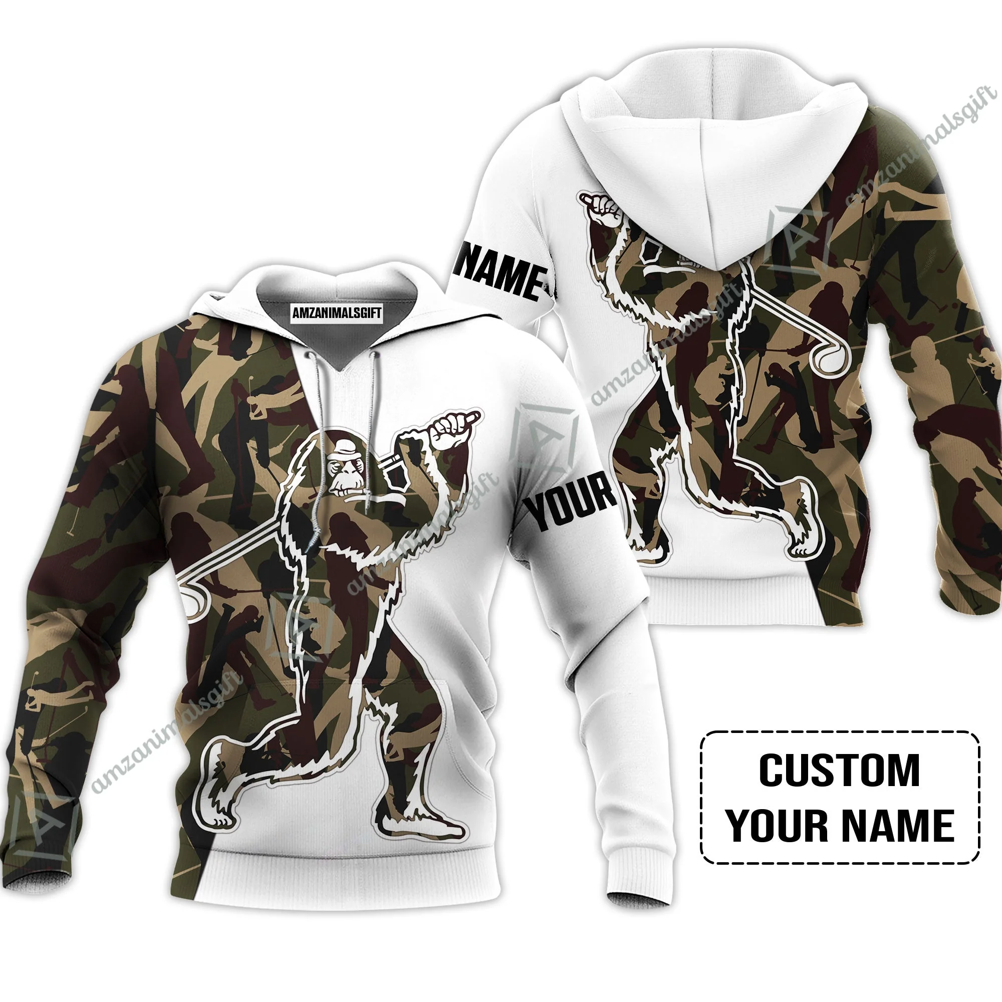 Custom Golf Sweatshirt - Funny Bigfoot Golf Sweatshirt, Camo Pattern Custom Name Sasquatch Playing Golf Apparel - Image 3