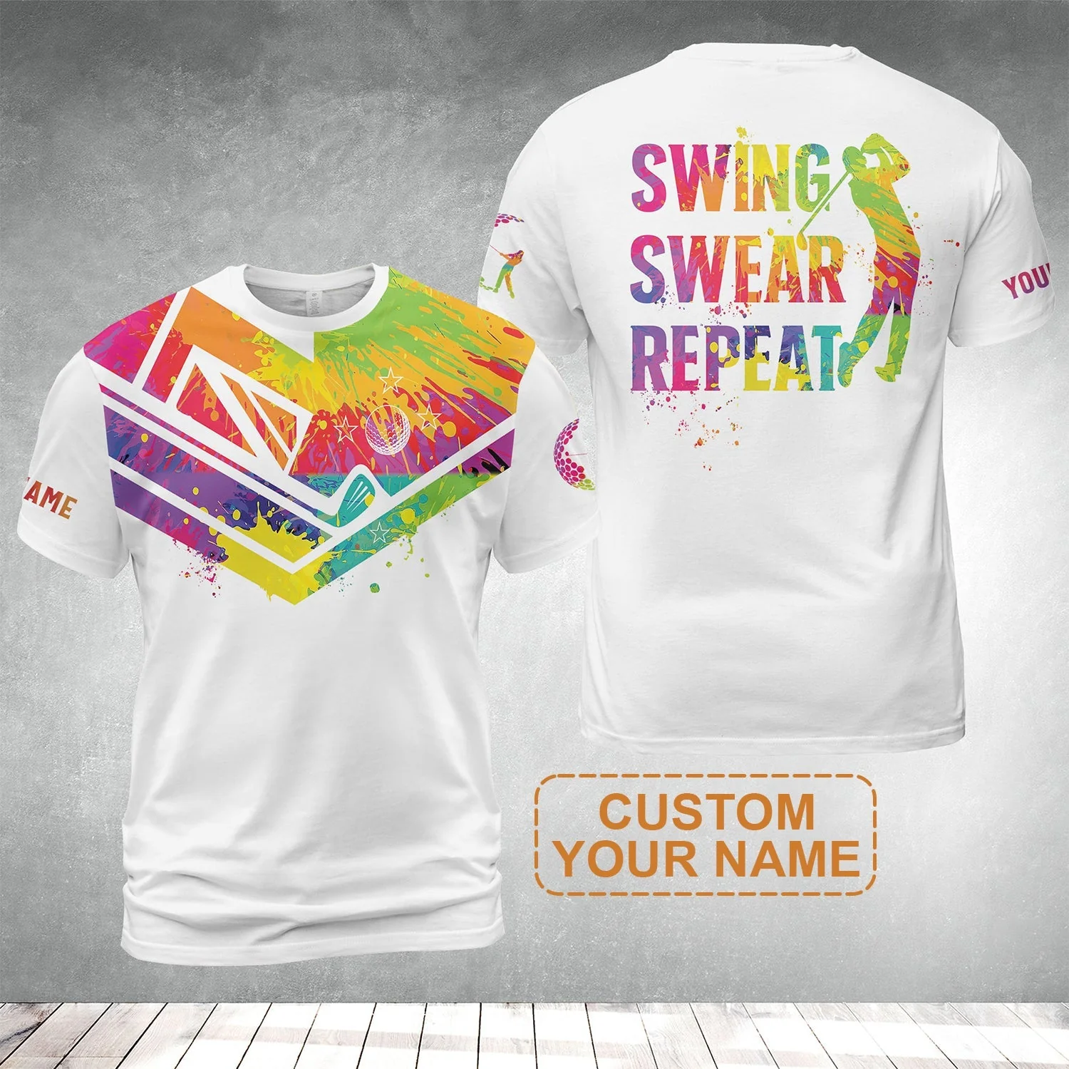 Custom Golf T-Shirt - Watercolor New Zealand Flag Custom Name White Apparel, Swing Swear Repeat T-Shirt - Perfect Shirt For Men - Image 2