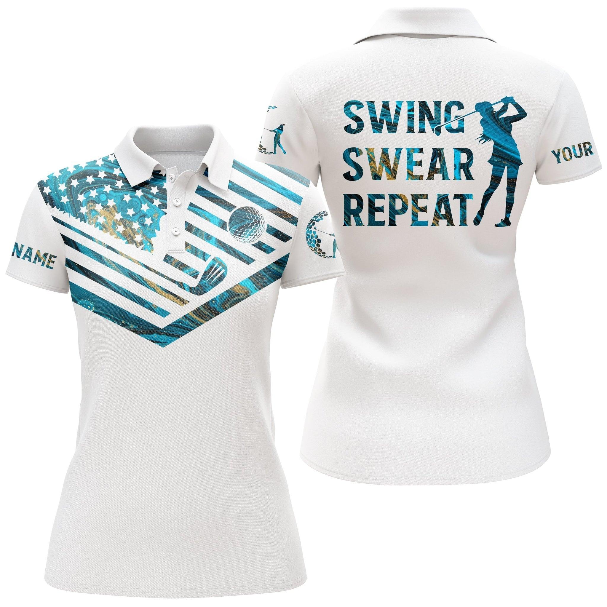Custom Golf Women Polo Shirt - Women Golf Polo Shirt Blue Marble American Flag Custom Name Swing Swear Repeat - Perfect Polo Shirt For Women - Image 2